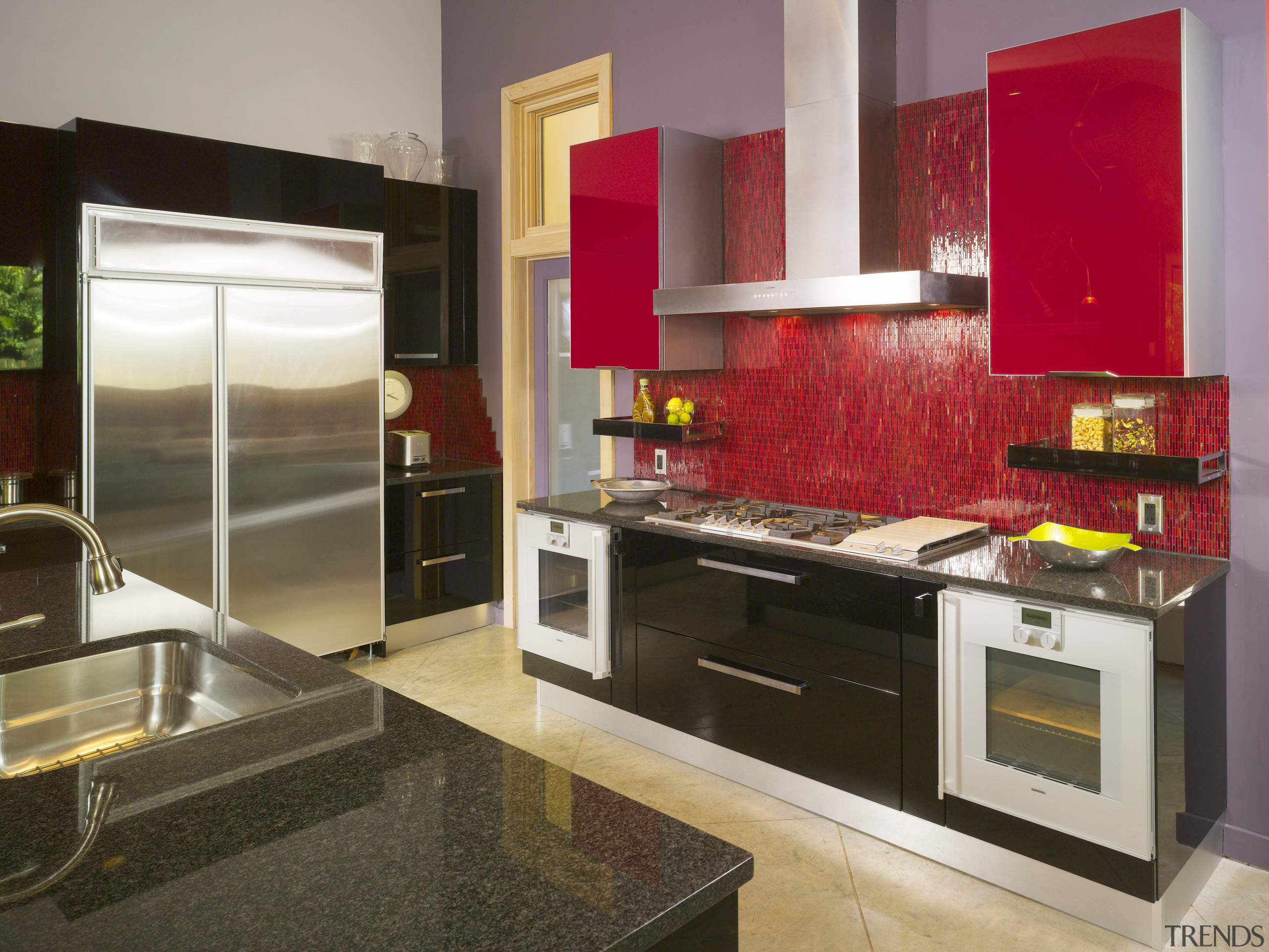 View of kitchen with red feature wall, red cabinetry, countertop, cuisine classique, home appliance, interior design, kitchen, room, brown, gray