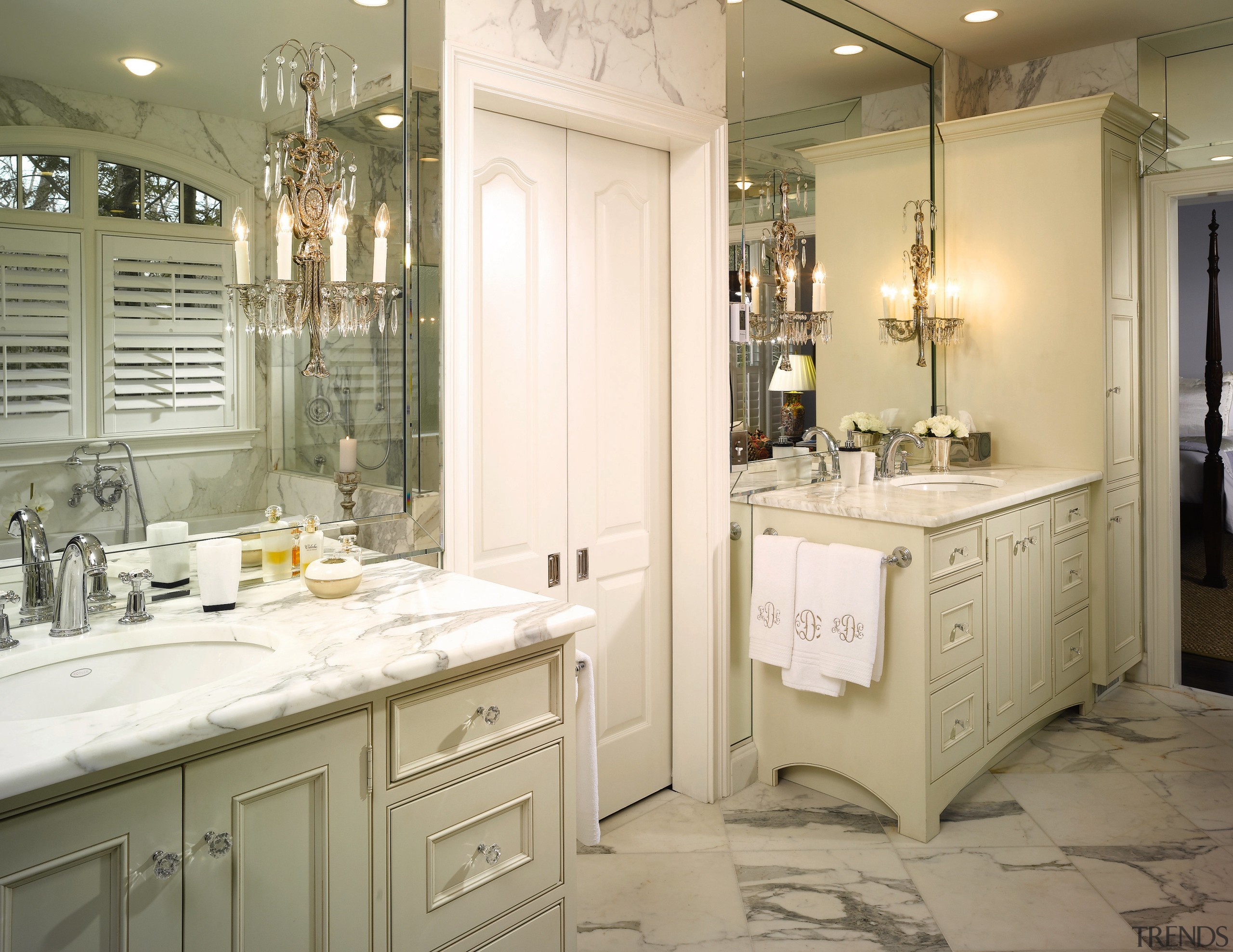 Expansive use of mirrors ensures the bathroom appears bathroom, bathroom accessory, bathroom cabinet, cabinetry, countertop, cuisine classique, home, interior design, kitchen, room, sink, white, brown
