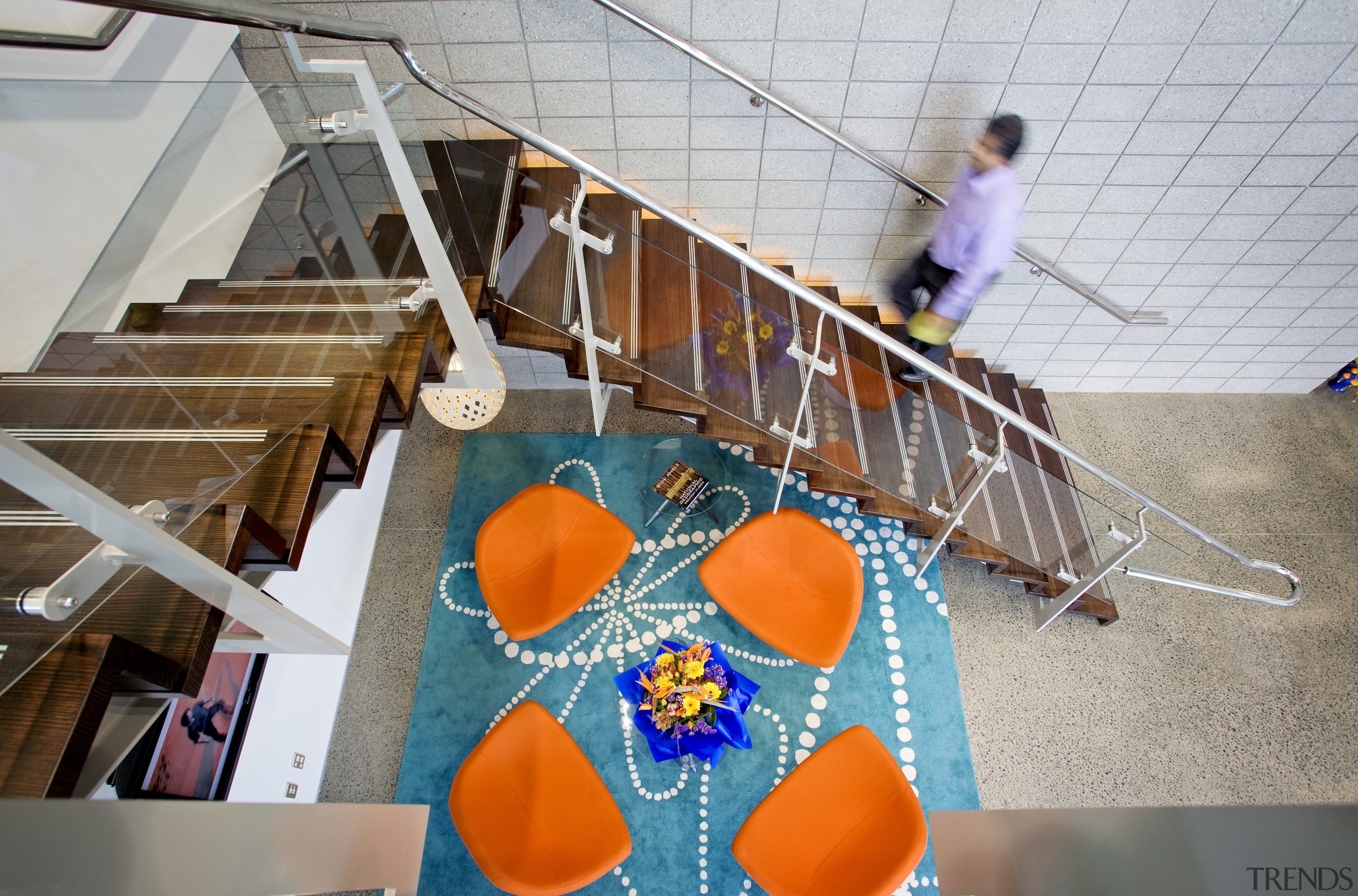 Interior view of the Express Data offices which flooring, stairs, gray