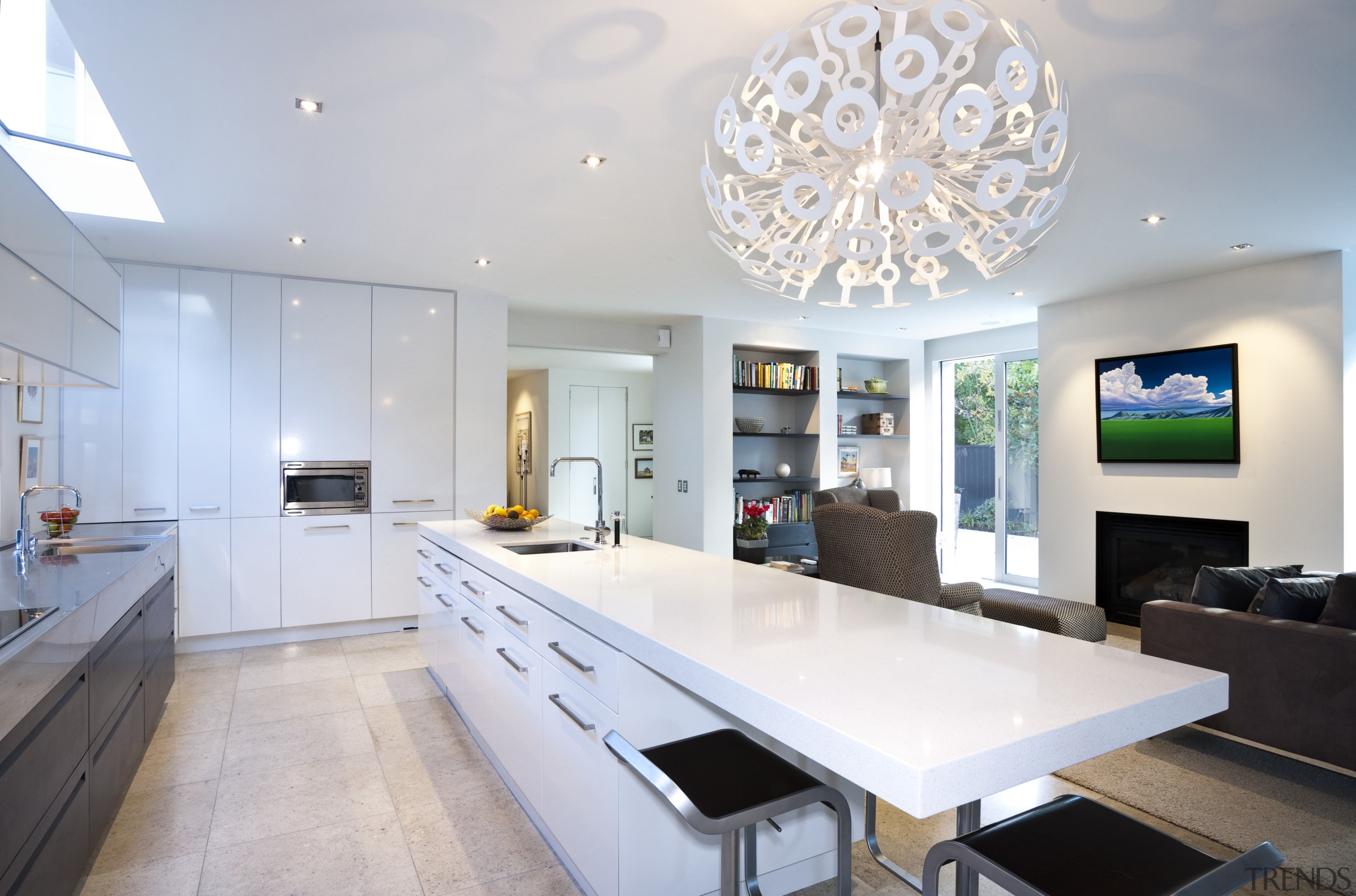 Modern kitchen features brilliant white panelling - Modern ceiling, countertop, daylighting, interior design, kitchen, real estate, table, gray, white