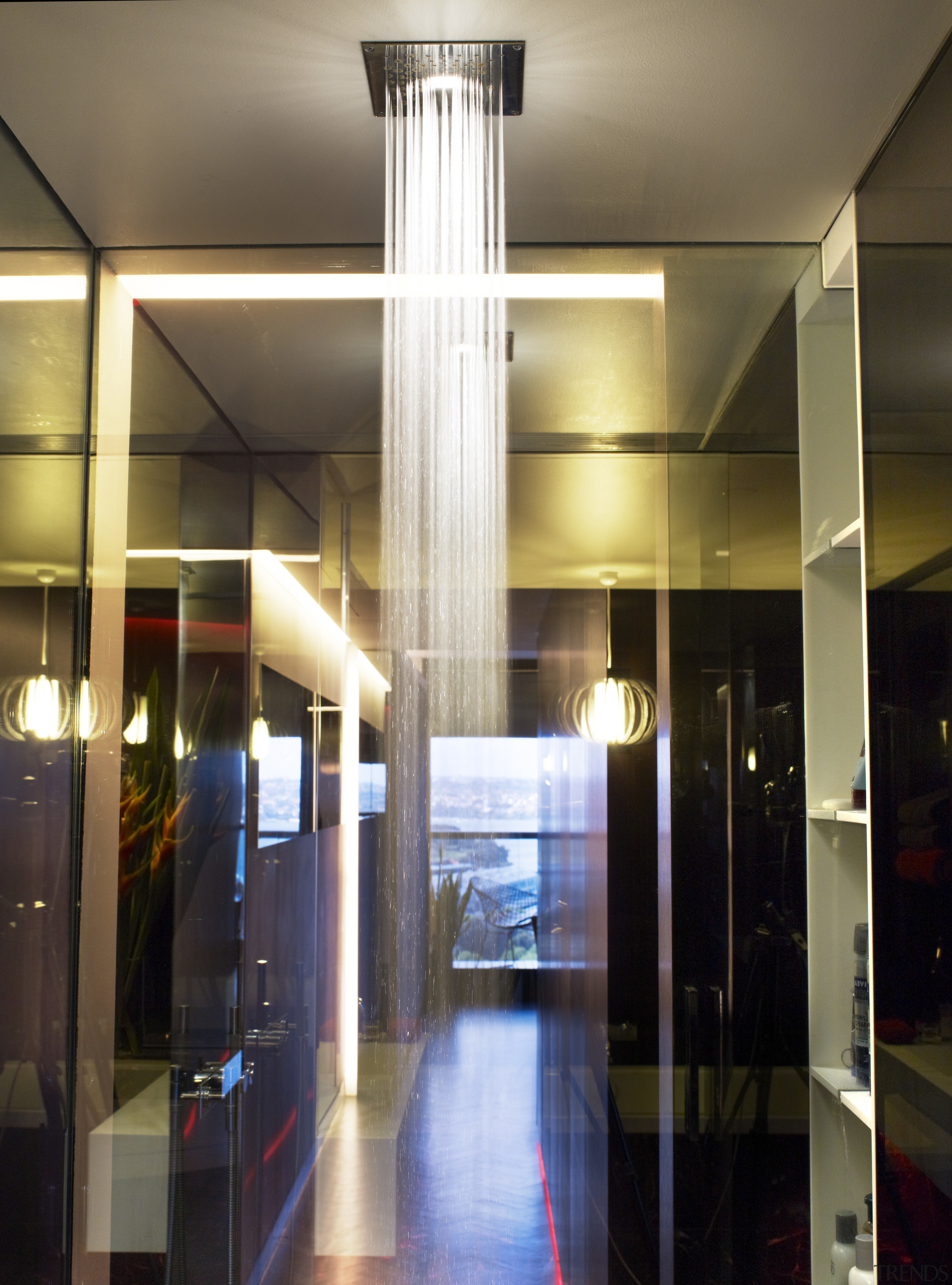 View of remodeled apartment on the 14th floor ceiling, glass, interior design, lighting, lobby, brown