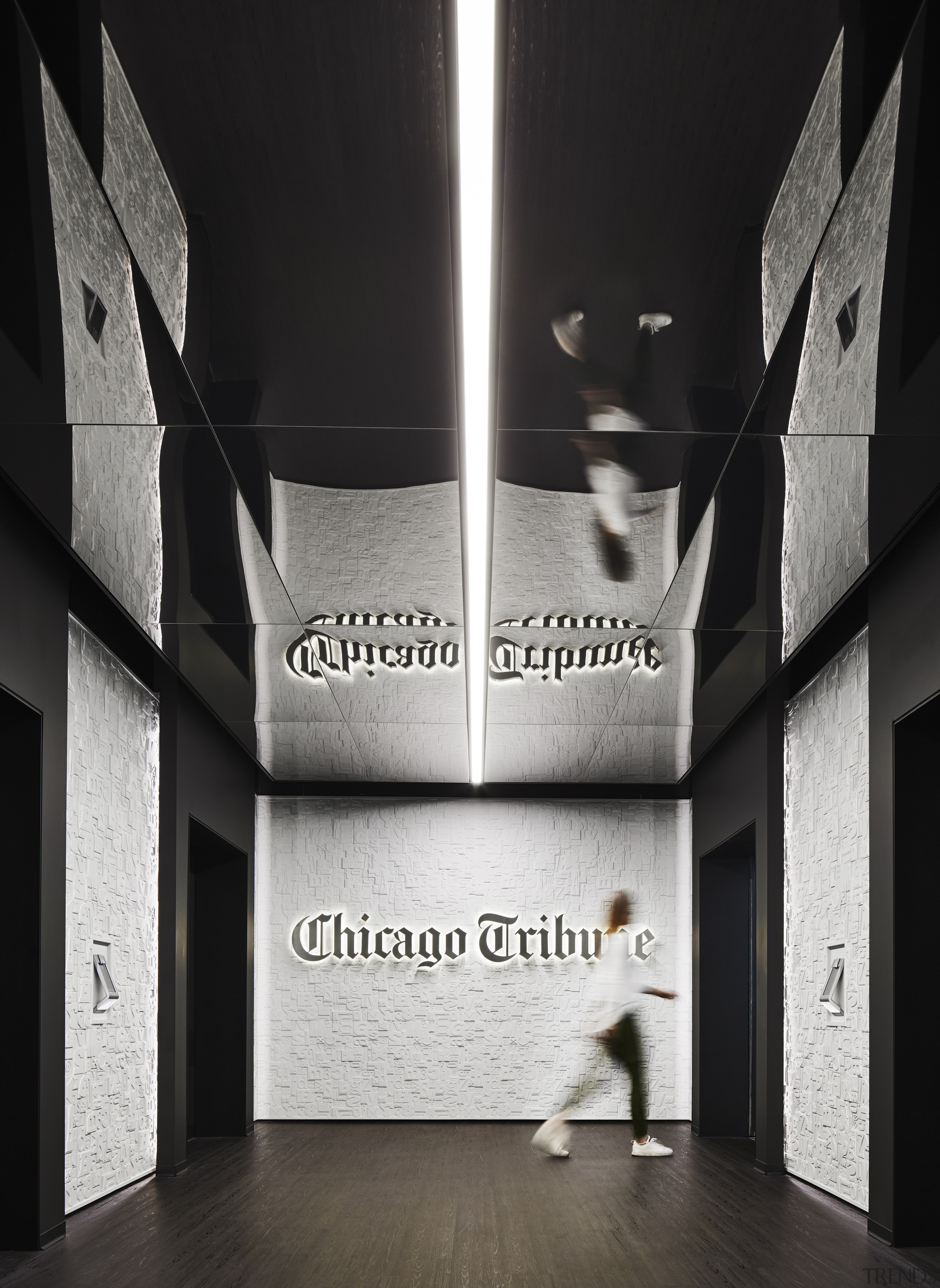 While exposed ceilings feature in much of the architecture, black and white, monochrome, monochrome photography, photography, office fitout, Chicago Tribune, Eastlake Studios