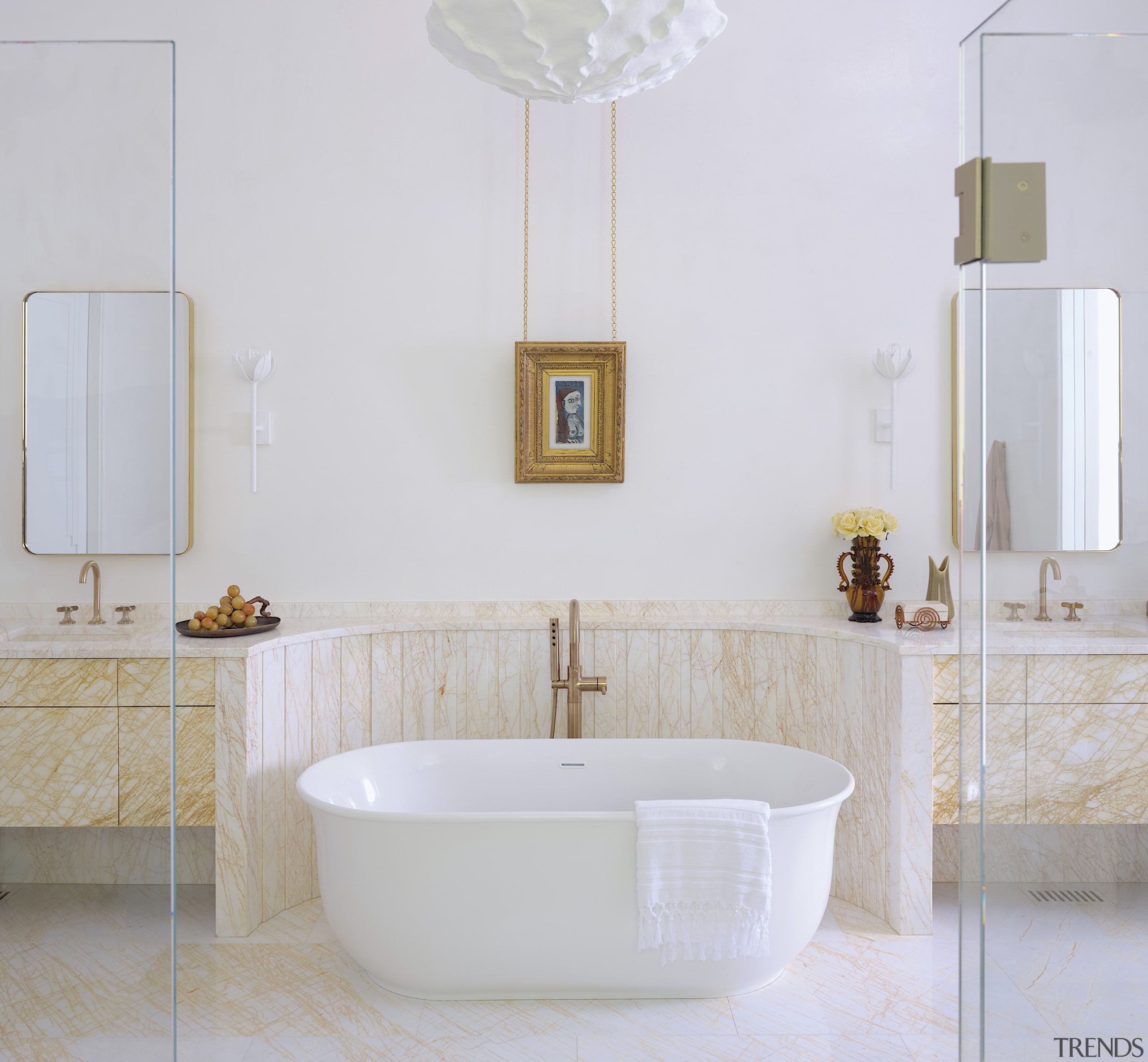 This bathroom's walls are finished in hand-applied plaster, 