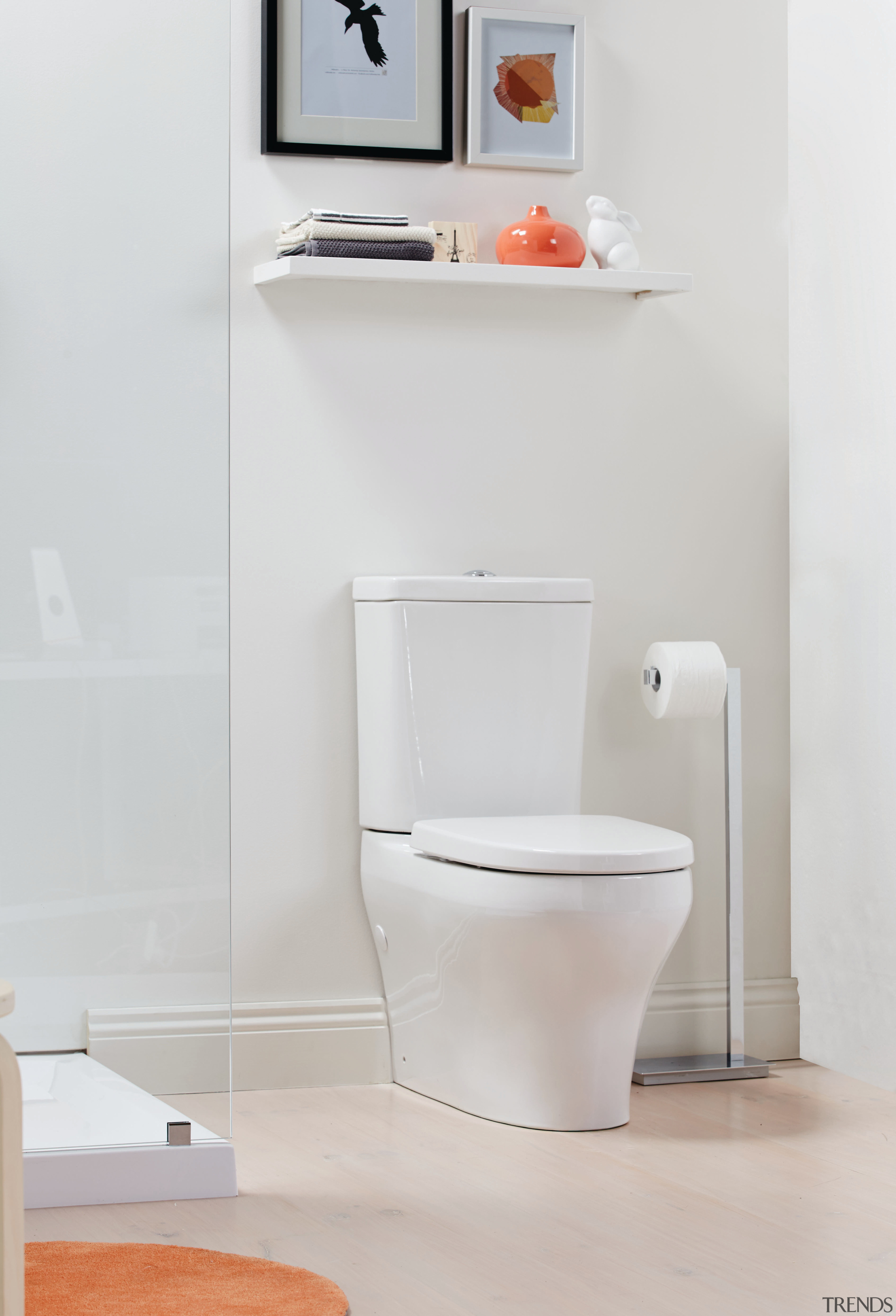 The Ideal Standard Cygnet Neu toilet suite features bathroom, bathroom accessory, bathroom cabinet, bathroom sink, bidet, ceramic, floor, plumbing fixture, product, product design, shelf, tap, toilet, toilet seat, gray, white