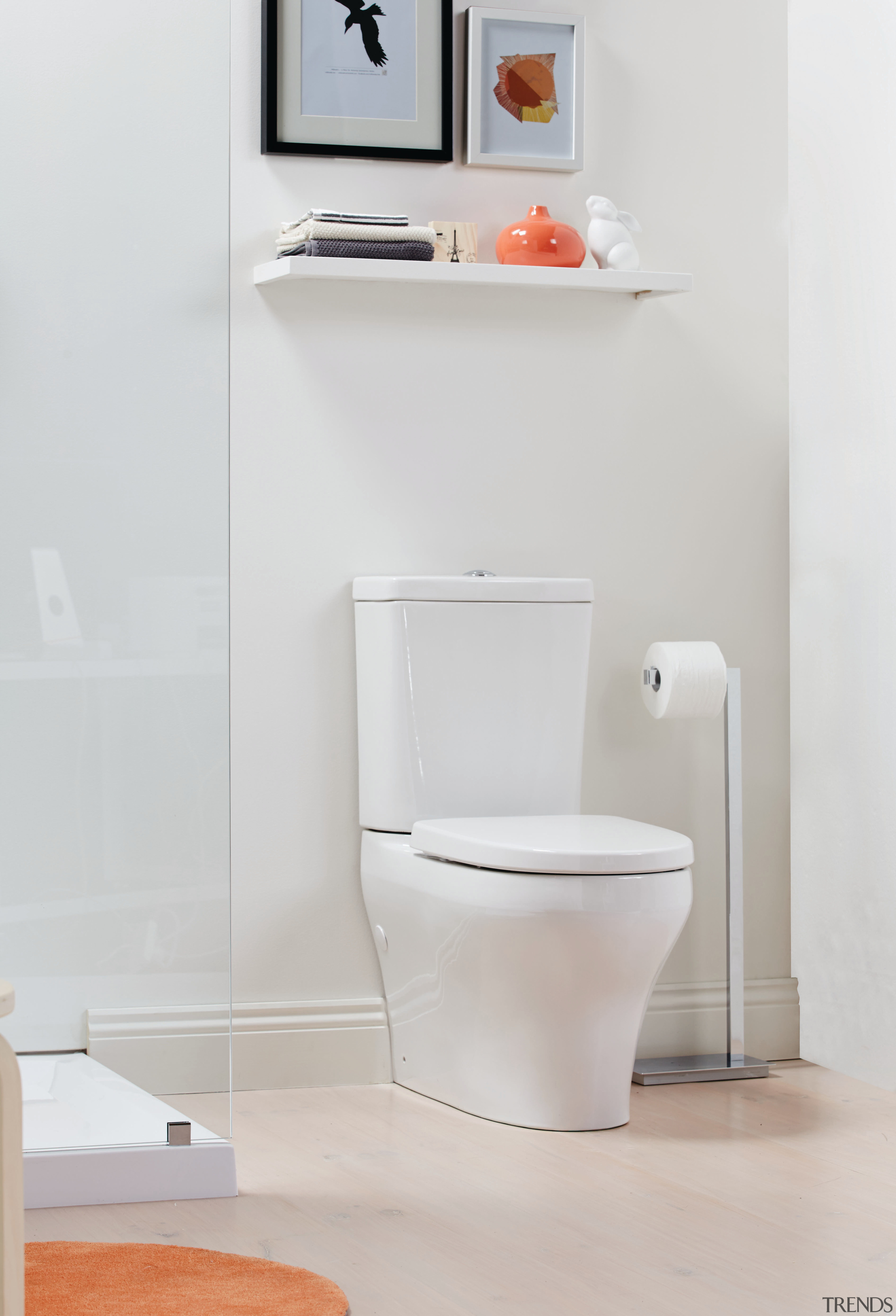 The Ideal Standard Cygnet Neu toilet suite features bathroom, bathroom accessory, bathroom cabinet, bathroom sink, bidet, ceramic, floor, plumbing fixture, product, product design, shelf, tap, toilet, toilet seat, gray, white