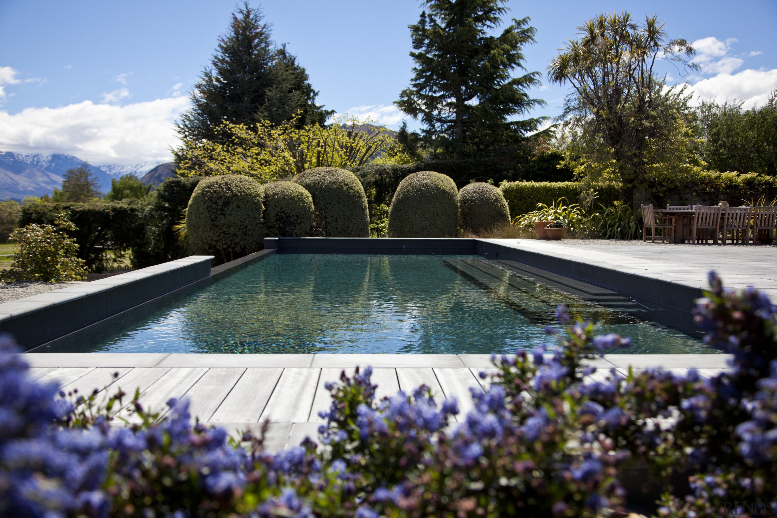 View of pool and landscaping. - View of estate, flower, garden, landscape, landscaping, leisure, nature, plant, reflecting pool, reflection, swimming pool, tree, water, water feature