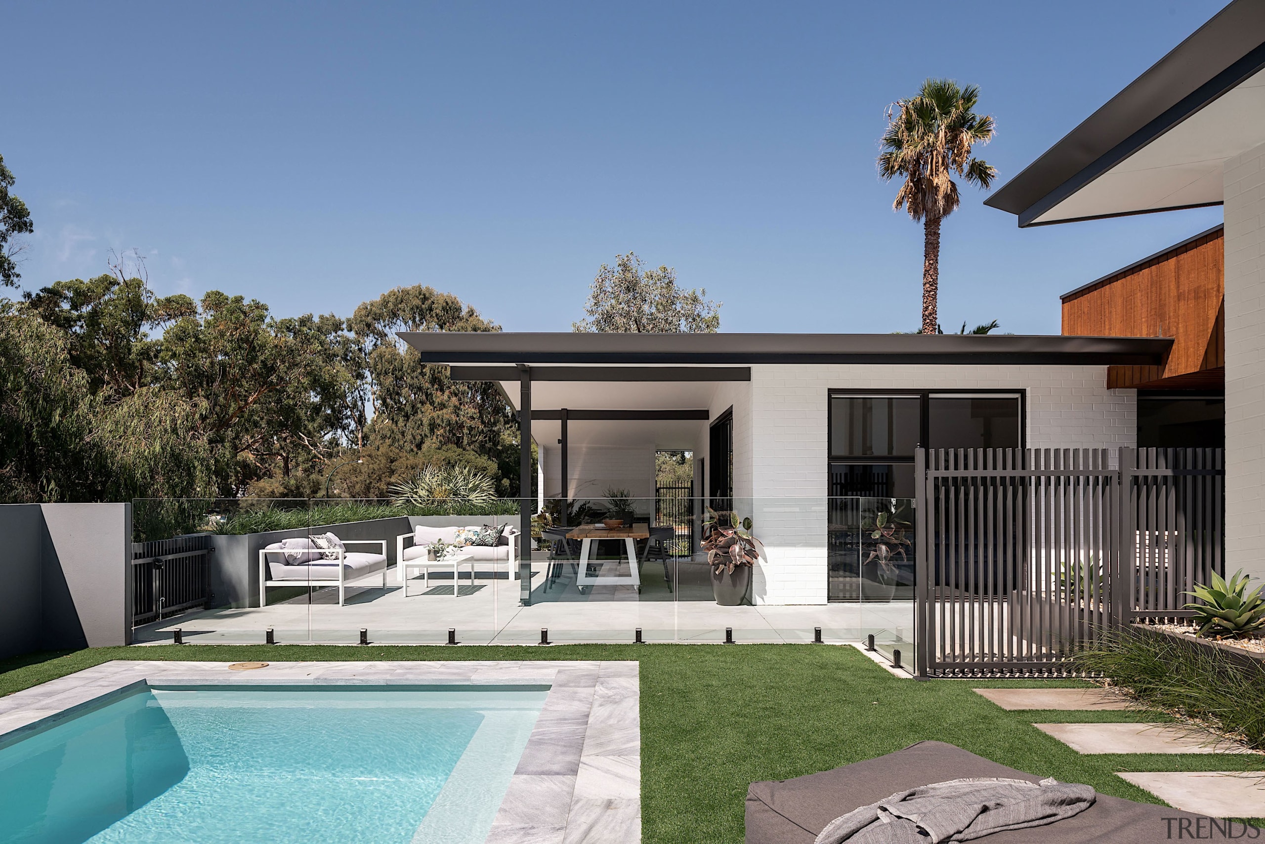 Dalecki Design – Highly Commended – 2019 TIDA architecture, backyard, building, courtyard, design, estate, facade, home, house, interior design, landscaping, patio, property, real estate, residential area, roof, room, swimming pool, tree, villa, yard, teal, gray