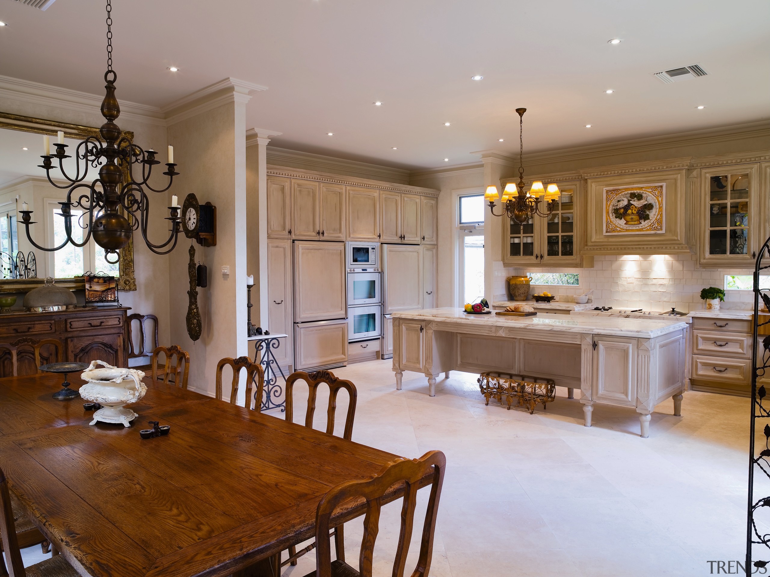 A view of the kitchen and dining areas, countertop, cuisine classique, dining room, estate, floor, flooring, home, interior design, kitchen, living room, real estate, room, brown, gray