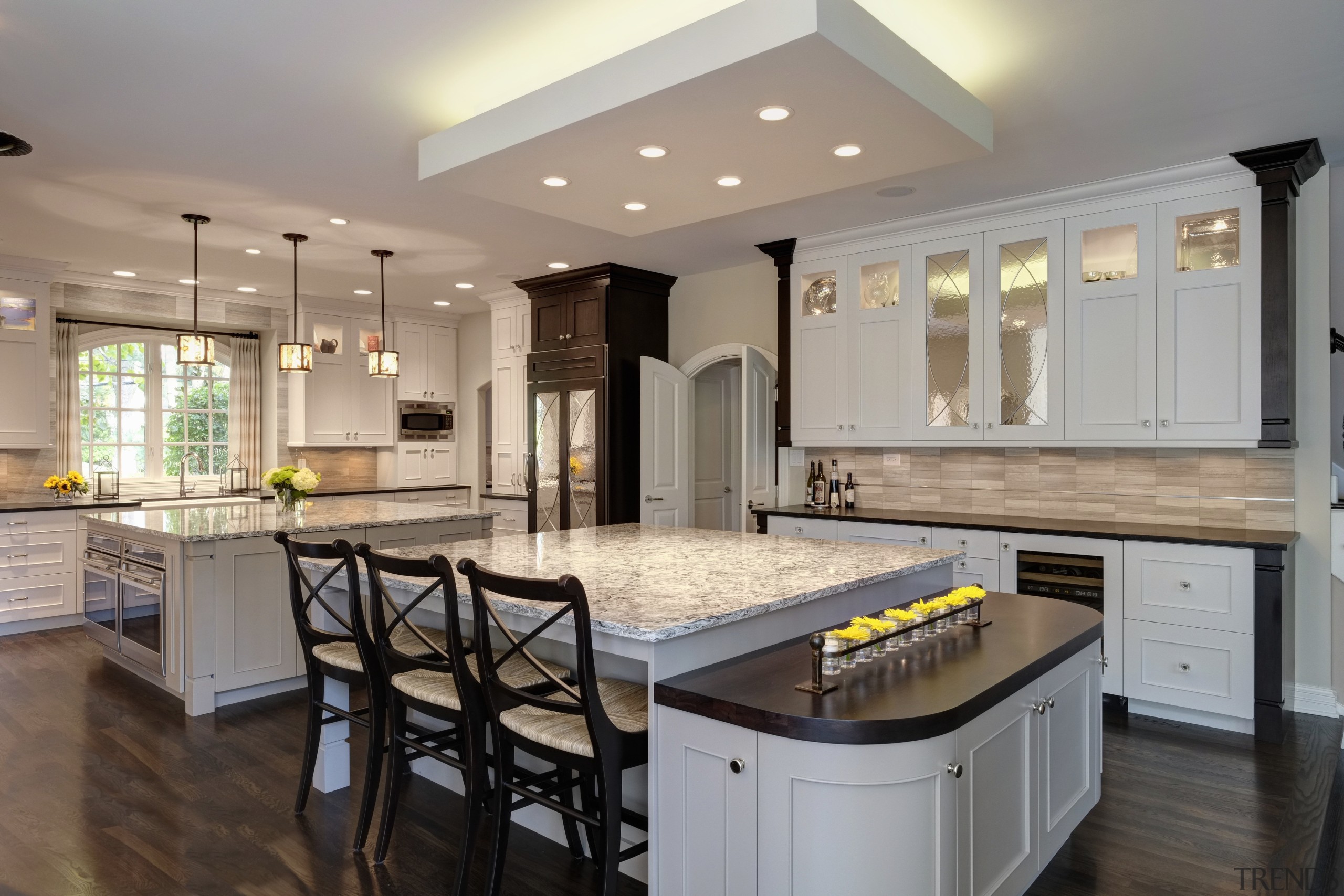 The furniture-style corners of this kitchen island are cabinetry, countertop, cuisine classique, flooring, interior design, kitchen, real estate, room, gray