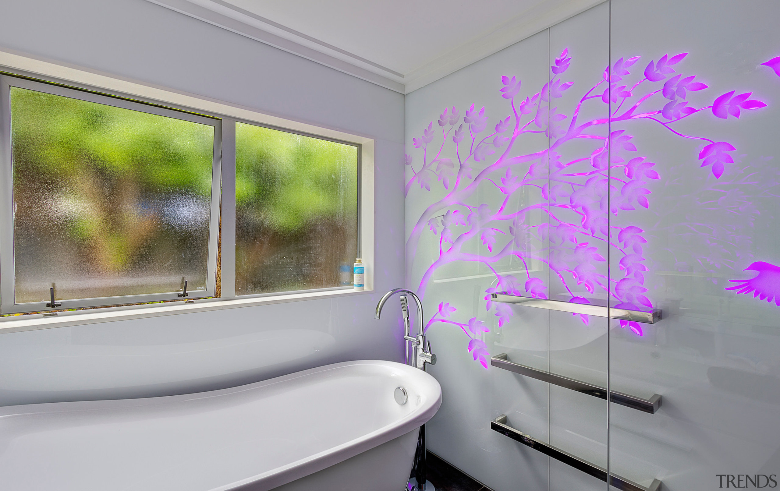 Illuminati backlit glass panels feature static or programmable bathroom, home, house, interior design, property, purple, room, wall, window, gray