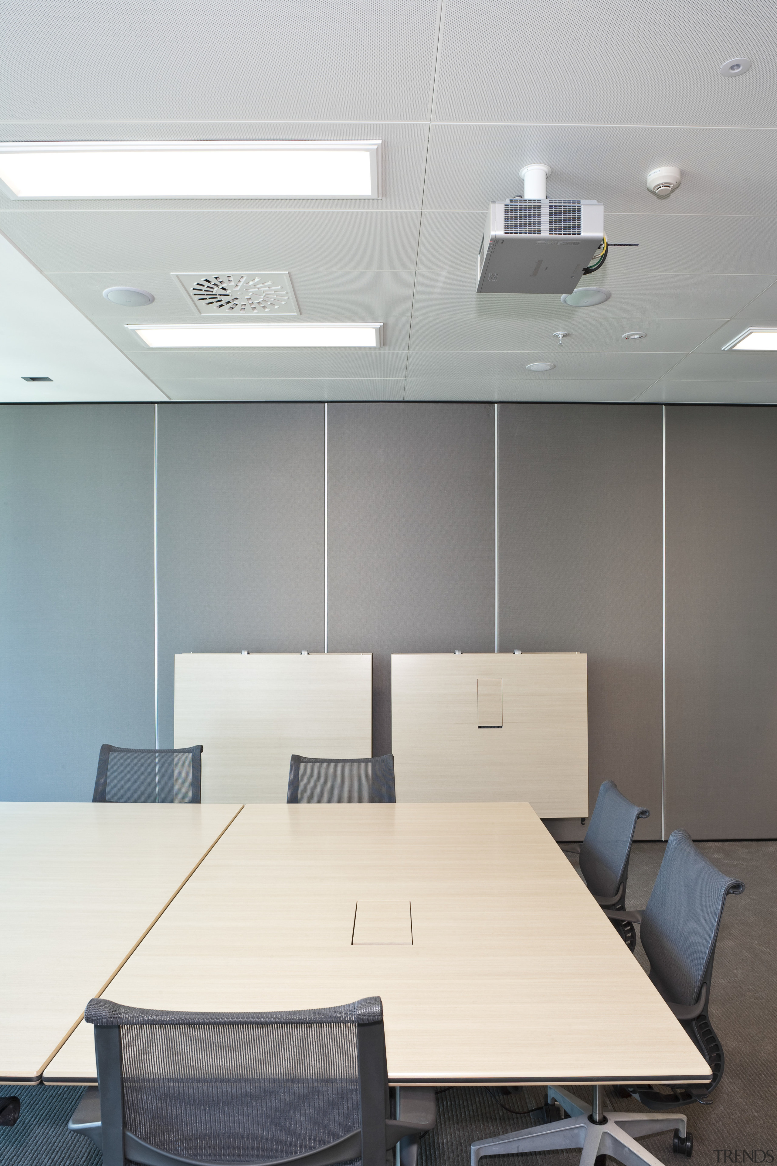 View of contemporary boardroom table from Wilkhan Pacific. ceiling, daylighting, floor, glass, interior design, office, product design, table, wall, gray, white