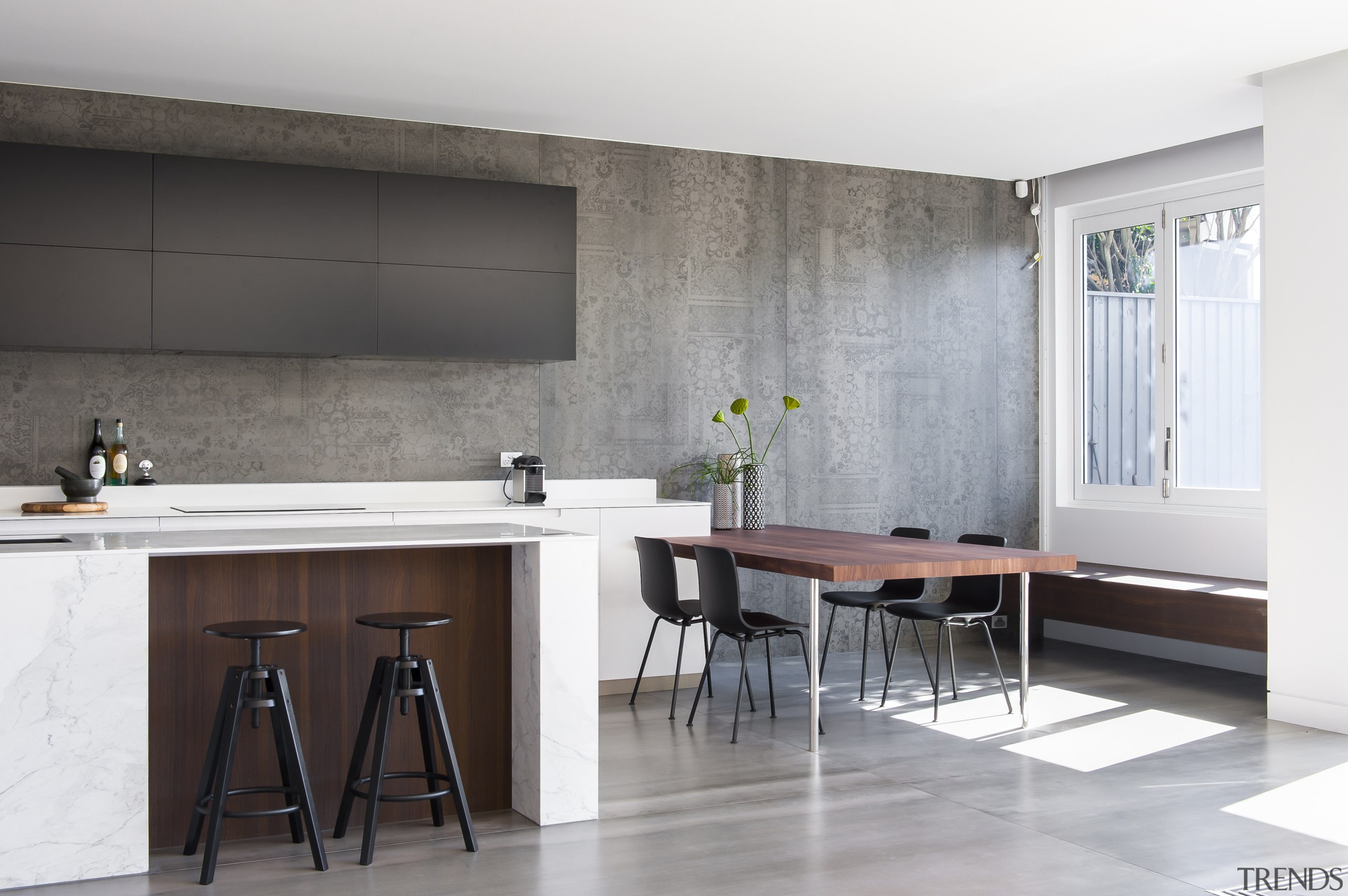 In this kitchen addition by designer Darren Genner cabinetry, countertop, cuisine classique, floor, flooring, furniture, interior design, kitchen, room, table, white, gray