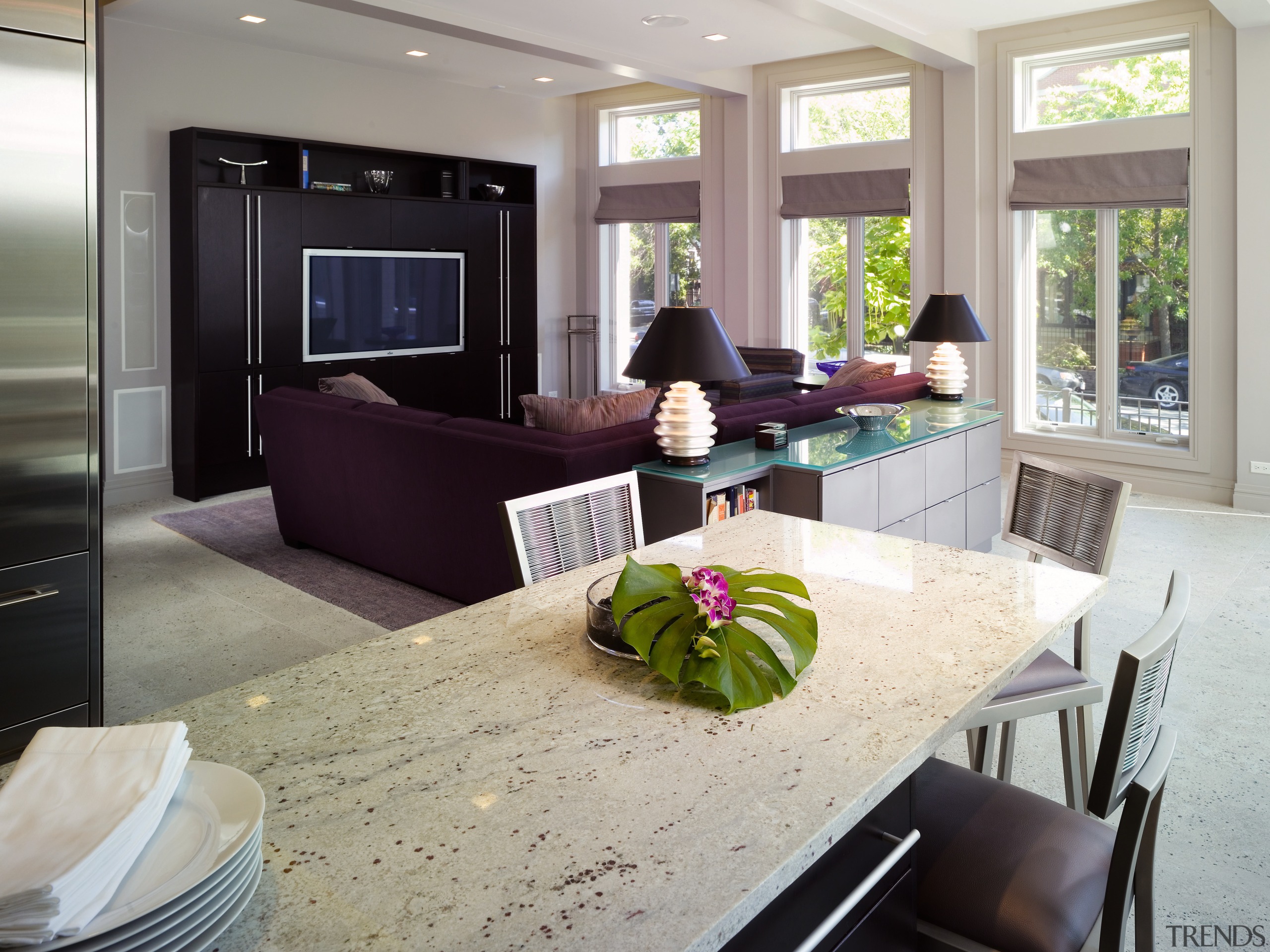 A view of this kitchen featuring dark brown home, interior design, living room, real estate, room, gray