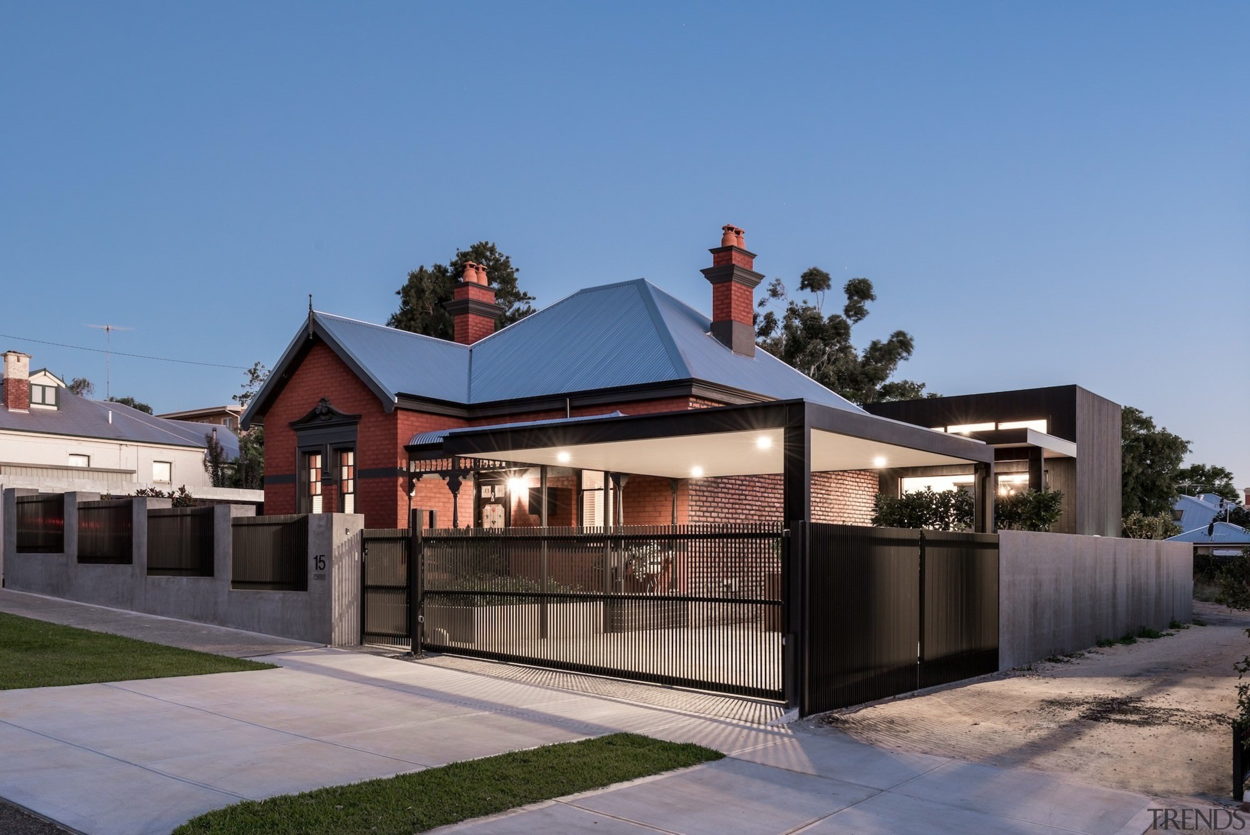 The carport at night - The carport at architecture, facade, home, house, property, real estate, residential area, roof, suburb, teal