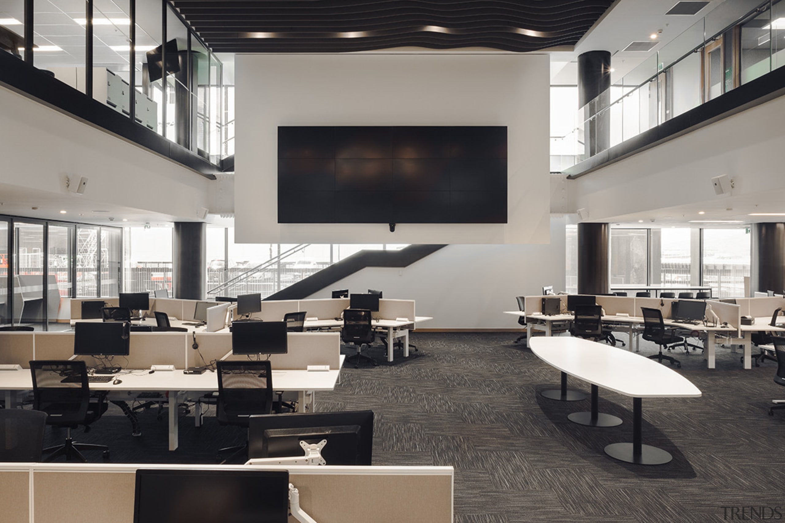 The emergency services building emergency operations centre within classroom, conference hall, furniture, institution, interior design, office, table, gray, black