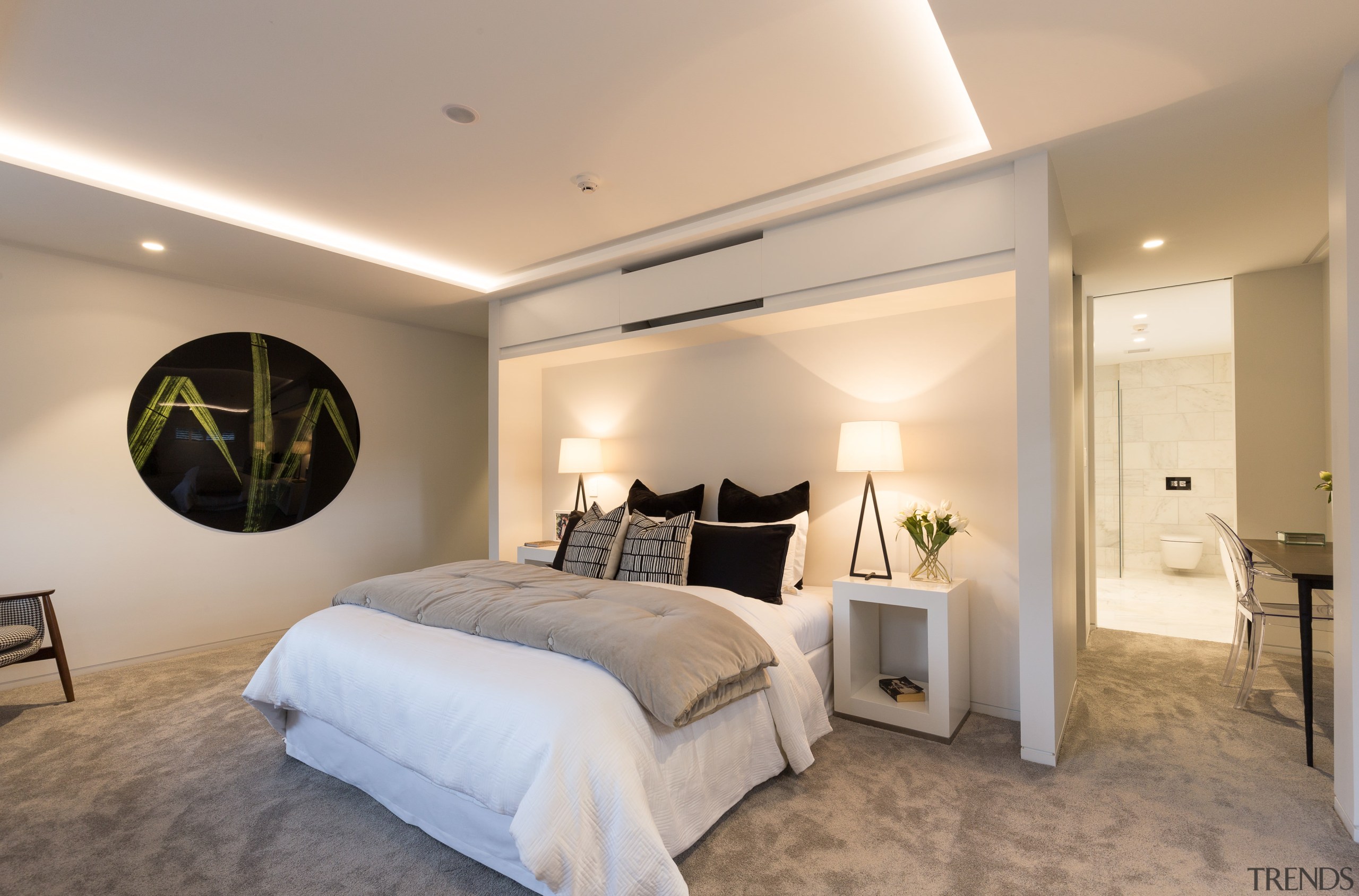 The ceilings in this upmarket apartment are enhanced bedroom, ceiling, estate, home, interior design, real estate, room, gray