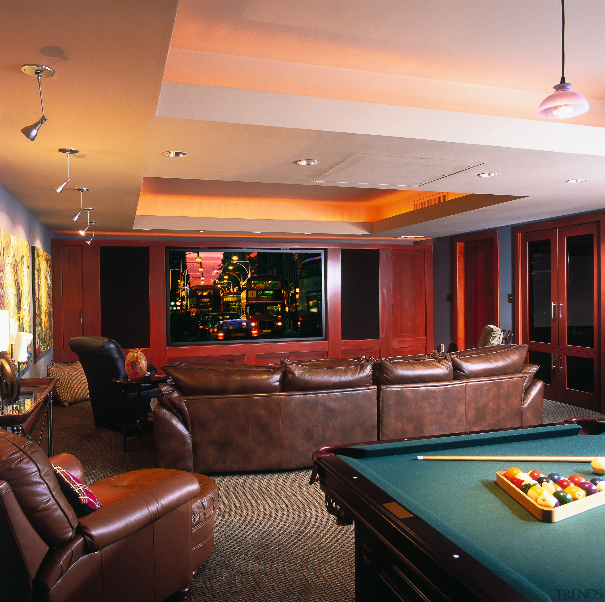 view of the entertainment room featuring pool table, billiard room, billiard table, ceiling, interior design, lighting, living room, lobby, pool, recreation room, room, table, red