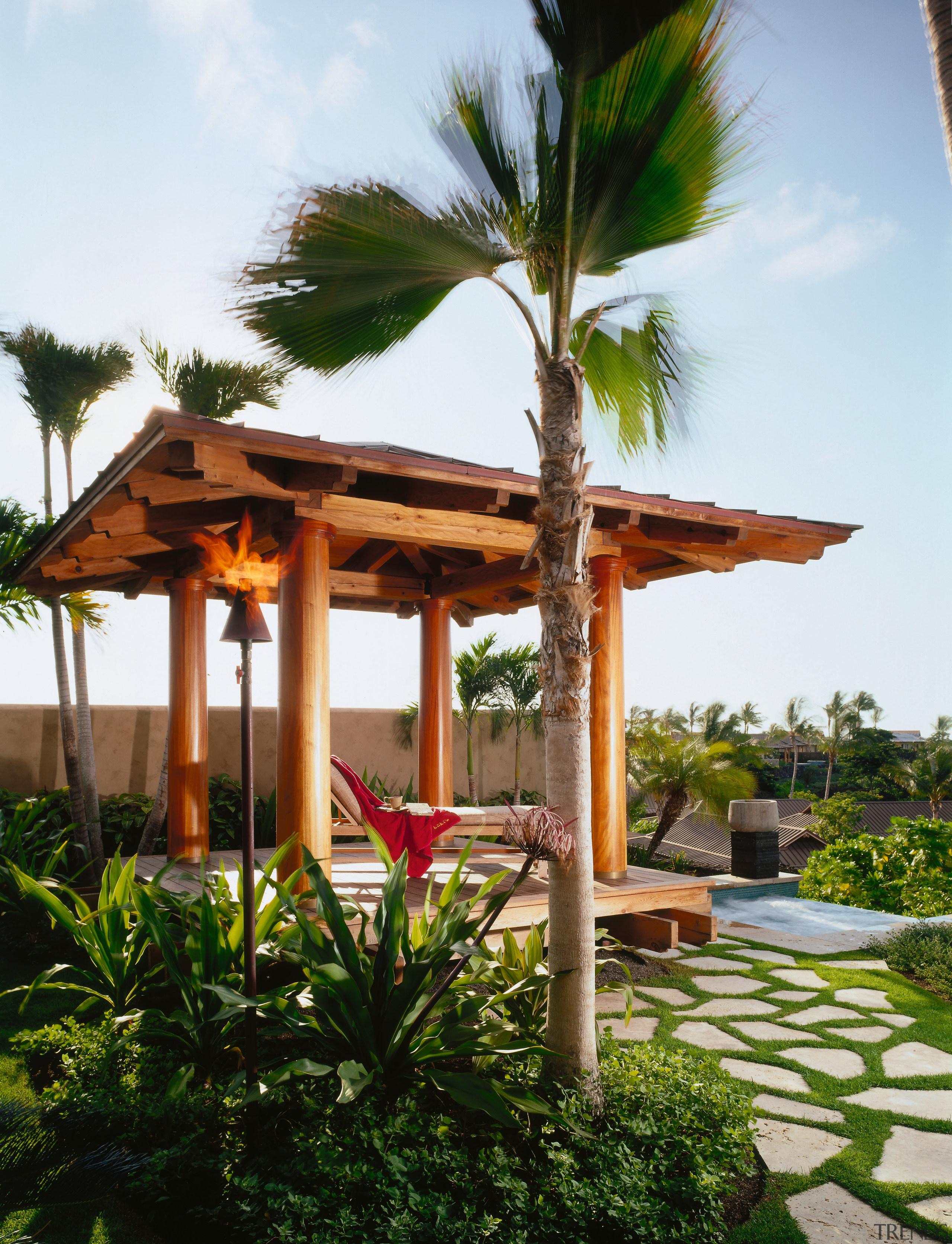 view of the shaded pavillion, day bed, views arecales, gazebo, outdoor structure, palm tree, pavilion, pergola, plant, resort, tree, white, brown