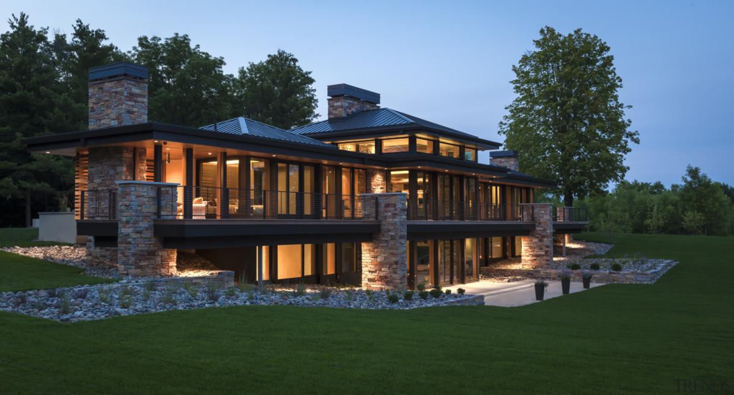 This new house, designed by Charles R Stinson cottage, estate, facade, farmhouse, home, house, landscape, mansion, property, real estate, siding, green, black