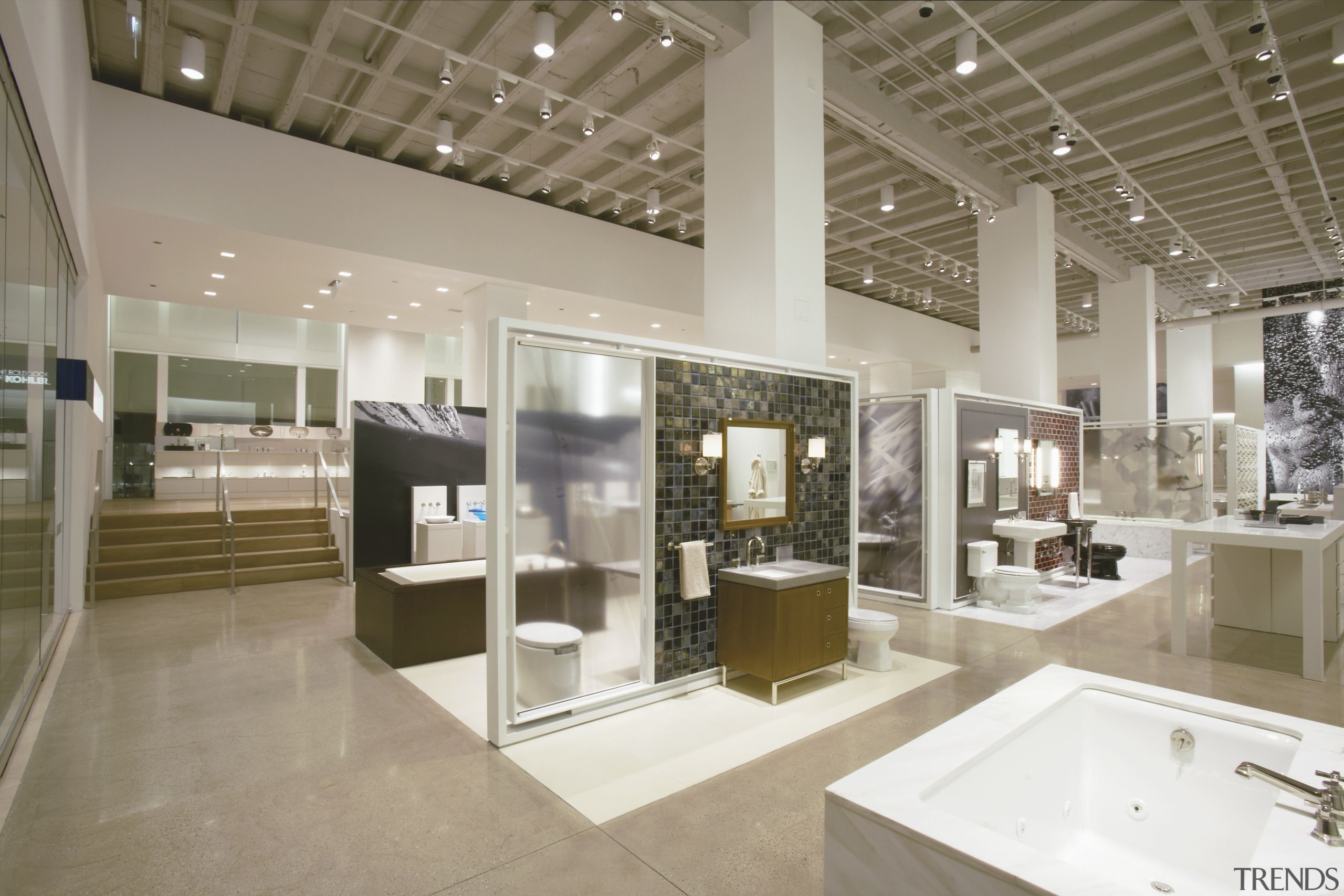 Working models of many Kohler products can be exhibition, interior design, gray, brown