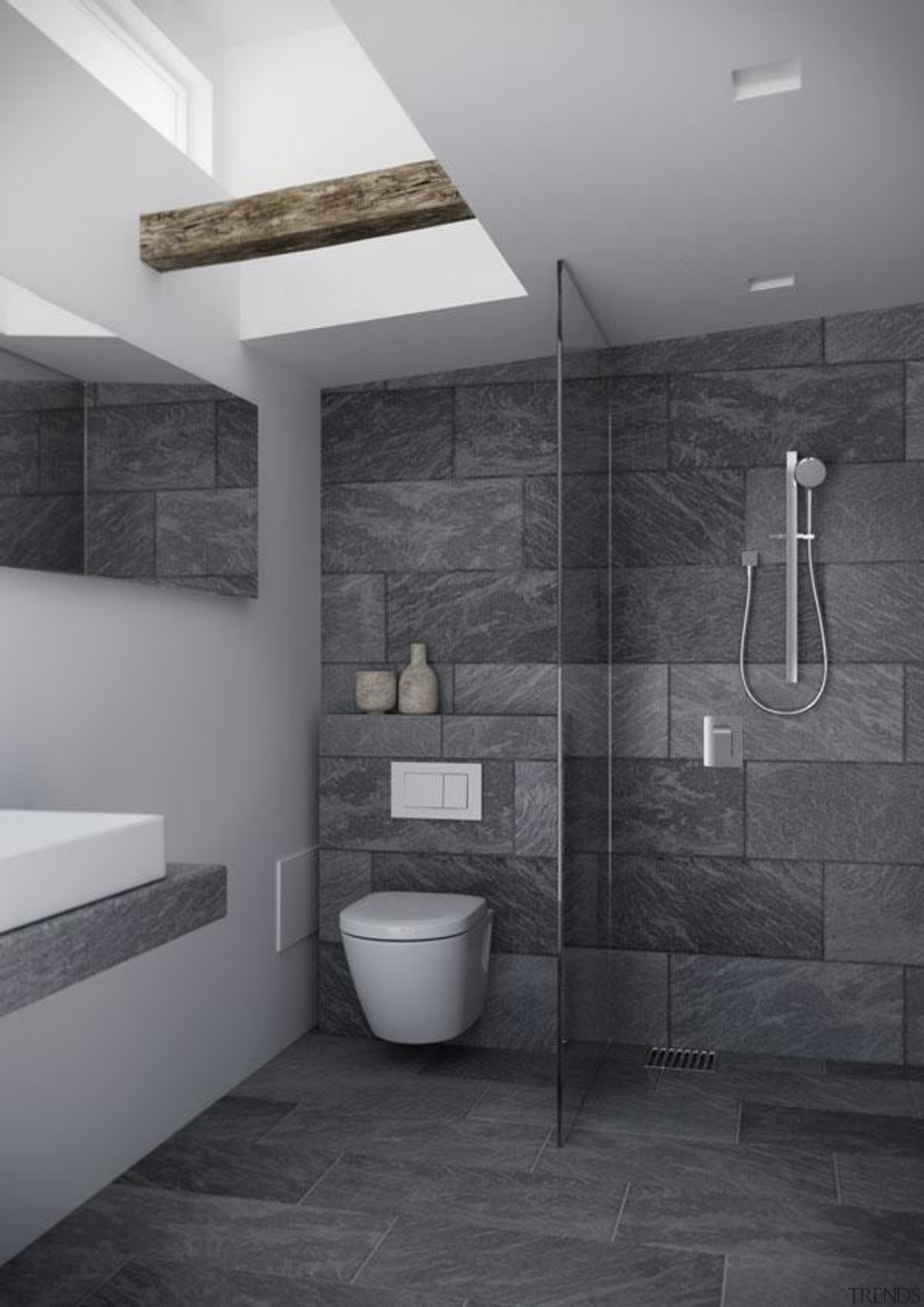 Urban epitomises the current trends for rectangular elements, architecture, bathroom, black and white, ceiling, daylighting, floor, interior design, monochrome, plumbing fixture, room, tap, tile, toilet, wall, gray, black