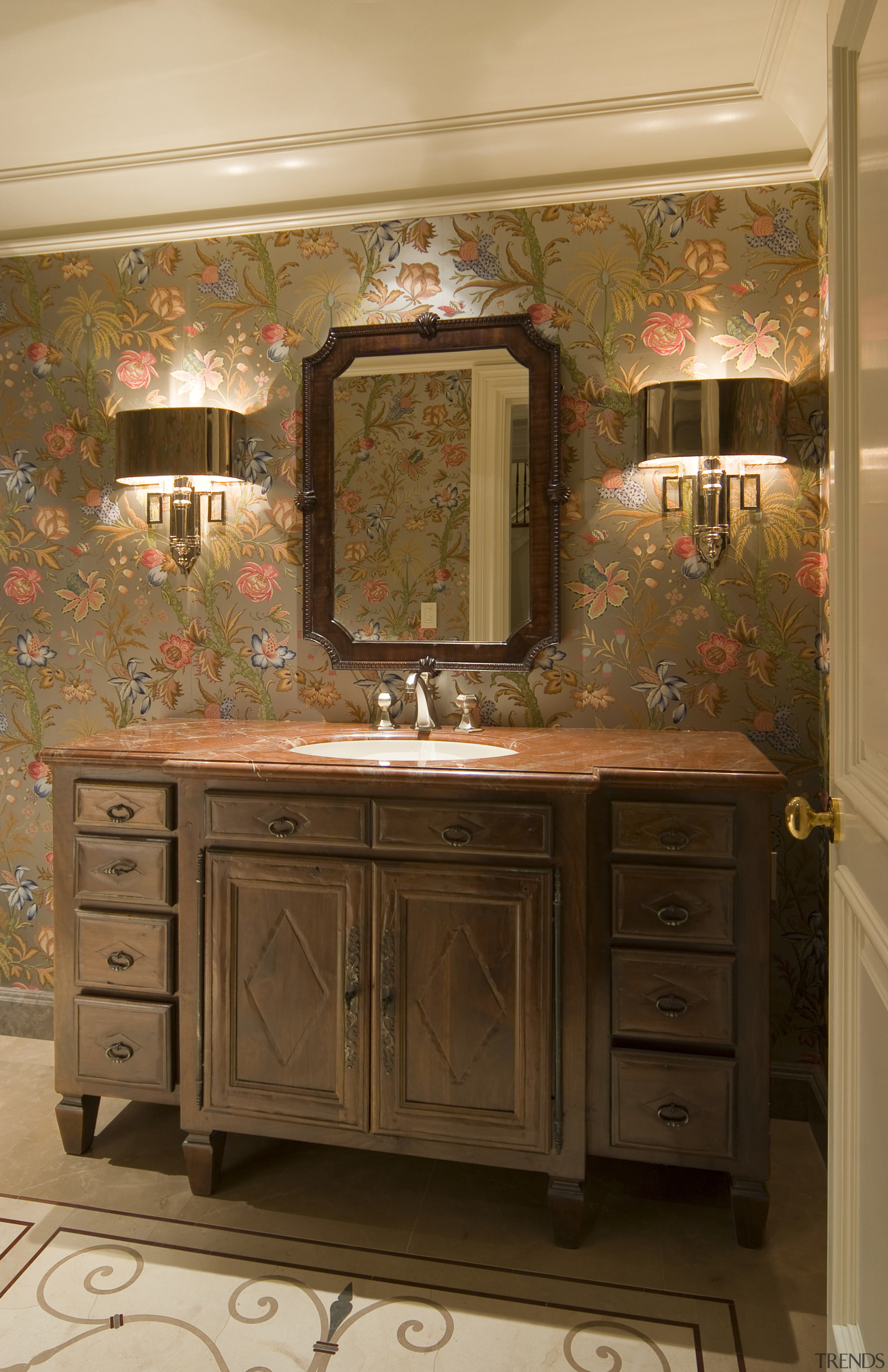 View of vanity and mirror. - View of bathroom, cabinetry, countertop, floor, flooring, furniture, home, interior design, room, wall, brown, orange