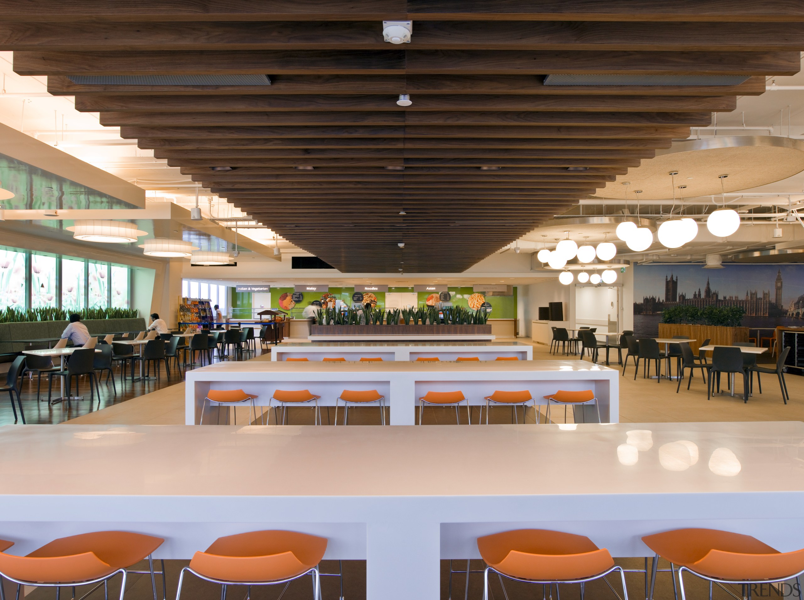 Standard Chartered Bank, Changi Business Park, Singapore cafeteria, function hall, furniture, institution, interior design, leisure, leisure centre, table, brown, orange