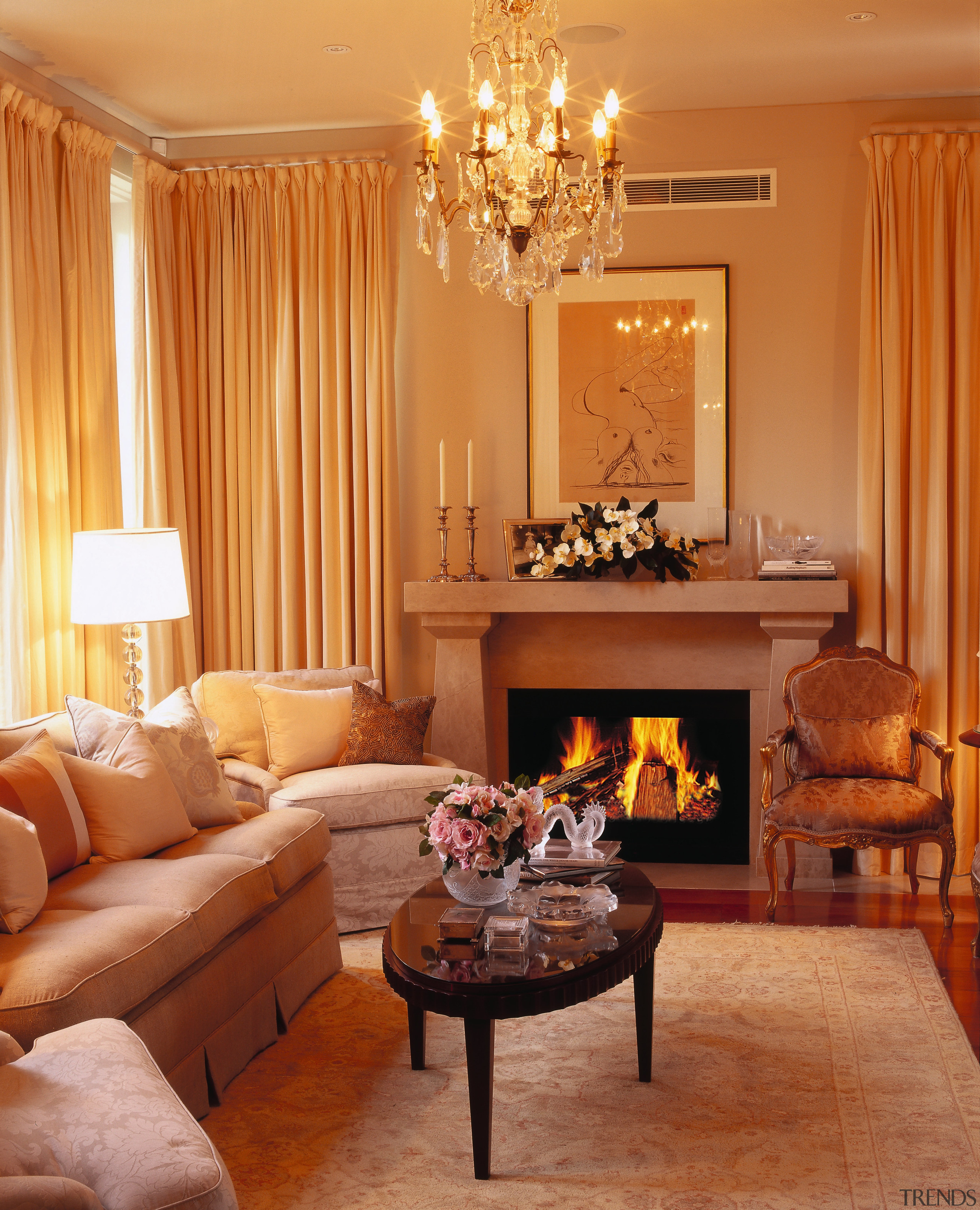 View of this living room - View of ceiling, hardwood, hearth, home, interior design, living room, room, suite, wall, window, window treatment, orange, brown
