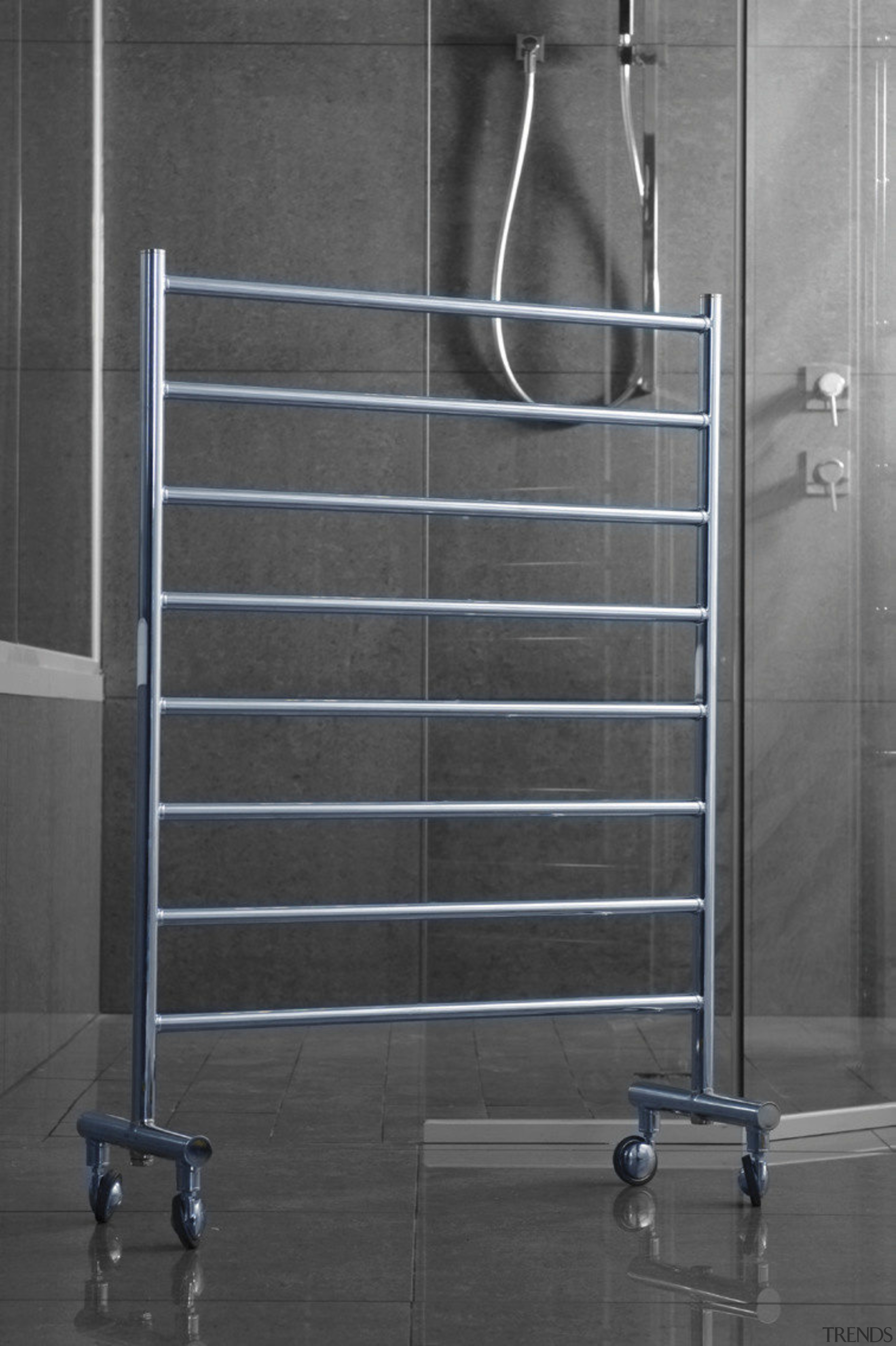 Image of a heated towel rail available from black and white, handrail, plumbing fixture, product, product design, black, gray