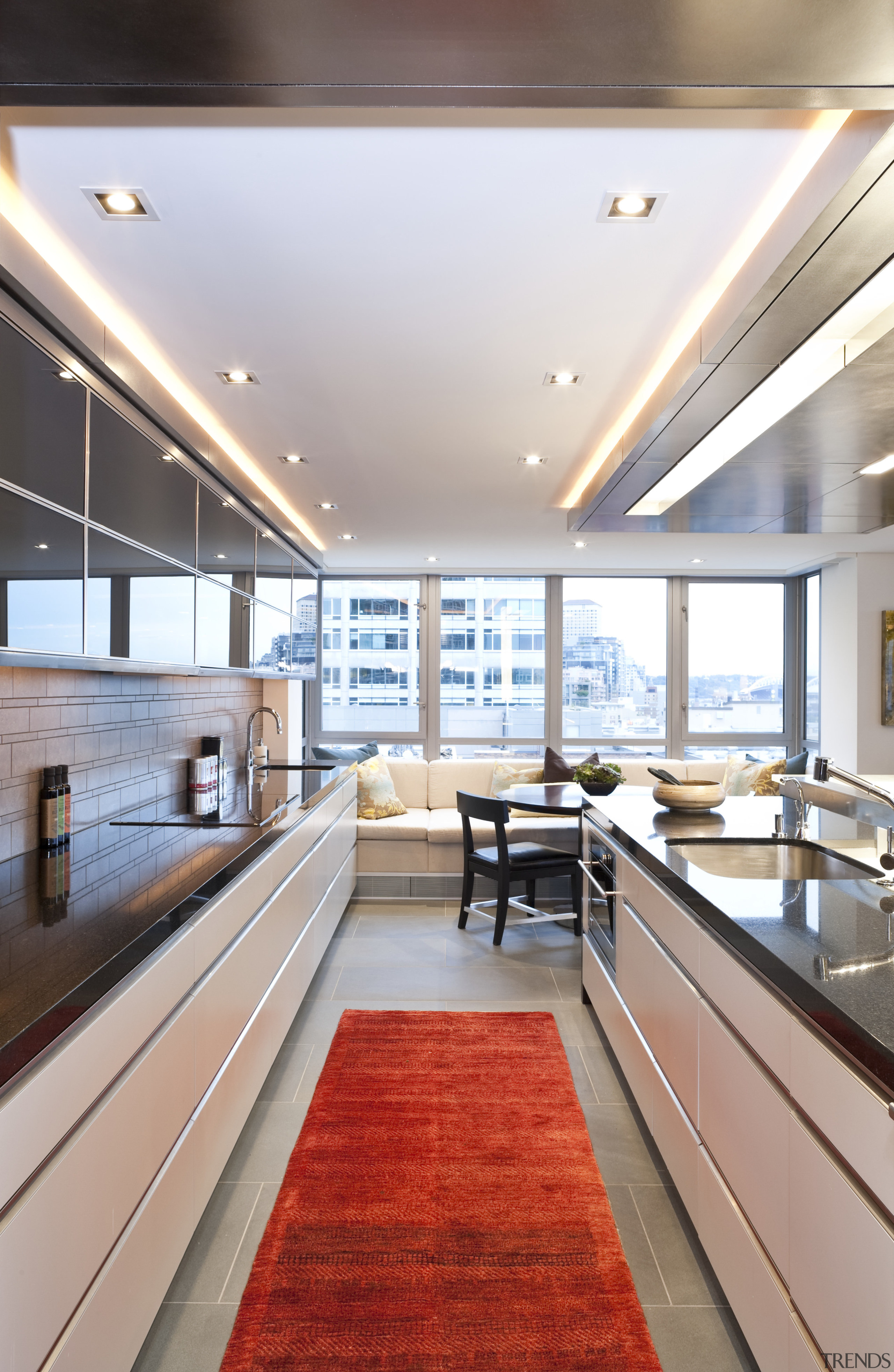 View of kitchen designed by Garret Cord Werner. ceiling, countertop, daylighting, interior design, kitchen, gray