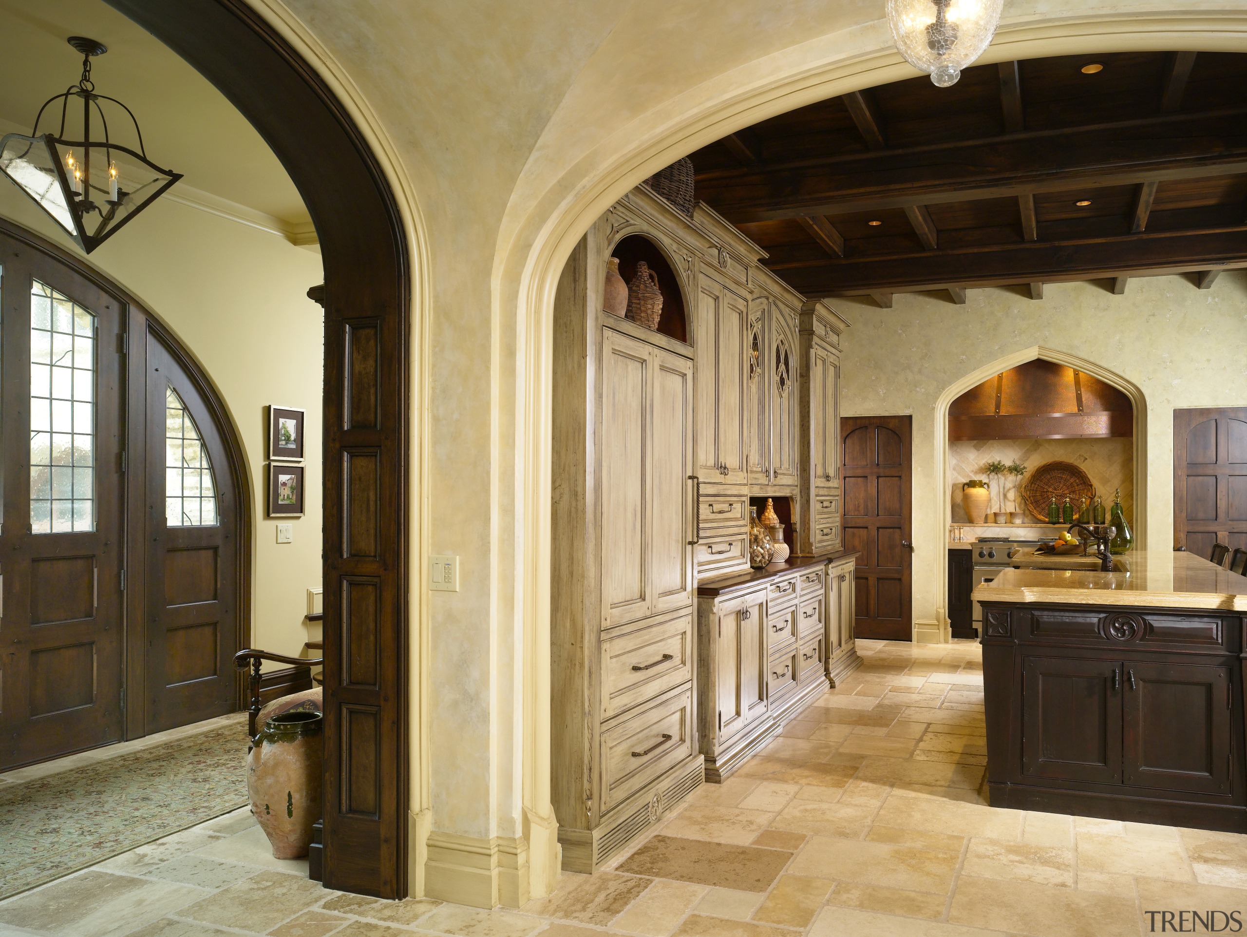 View of traditionally styled kitchen with Tudor-style arch, arch, ceiling, estate, floor, flooring, interior design, property, real estate, brown, orange