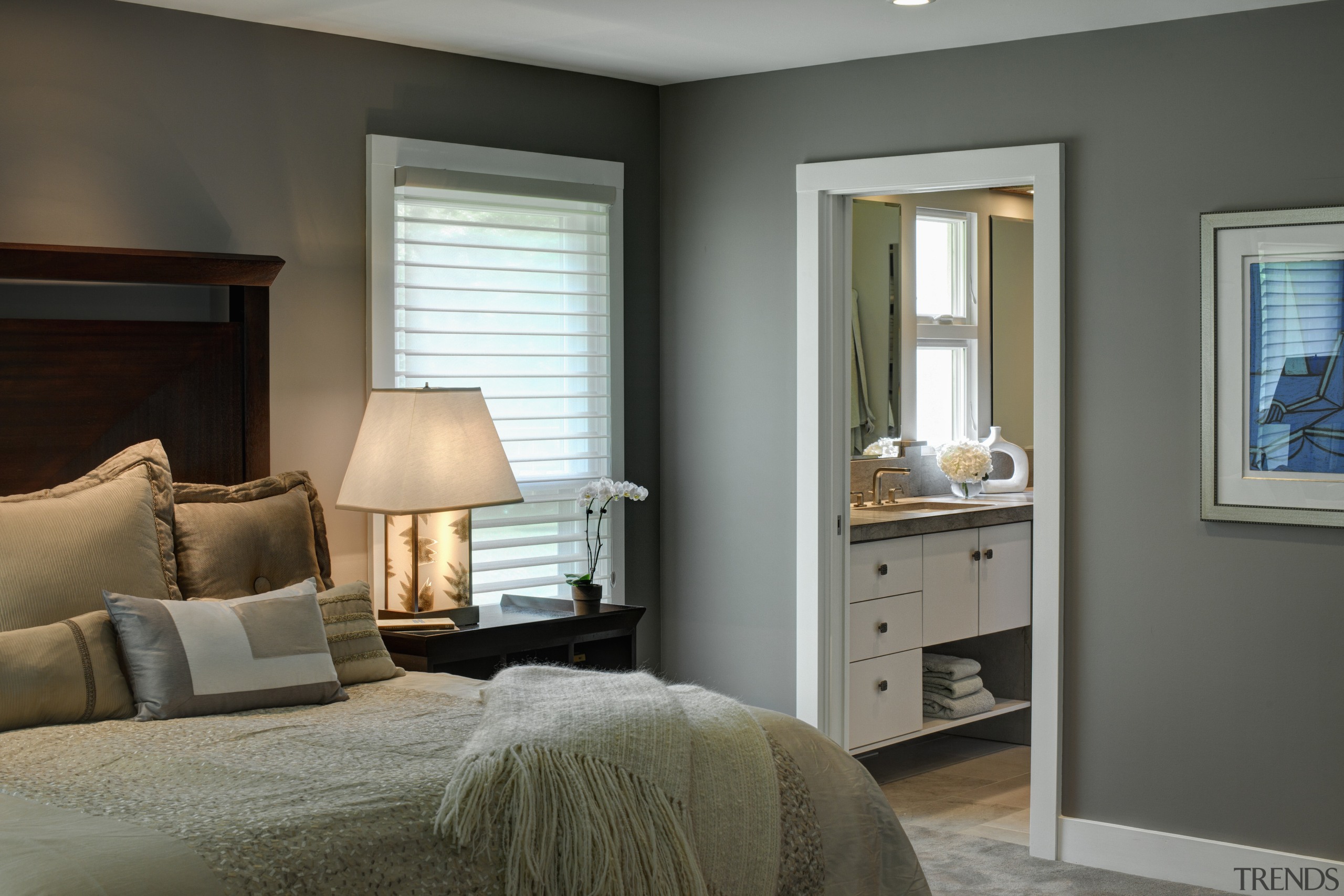 Deep gray-beige walls are contrasted with white trim bed frame, bedroom, ceiling, curtain, door, floor, home, interior design, living room, real estate, room, wall, window, window blind, window covering, window treatment, wood, gray, black