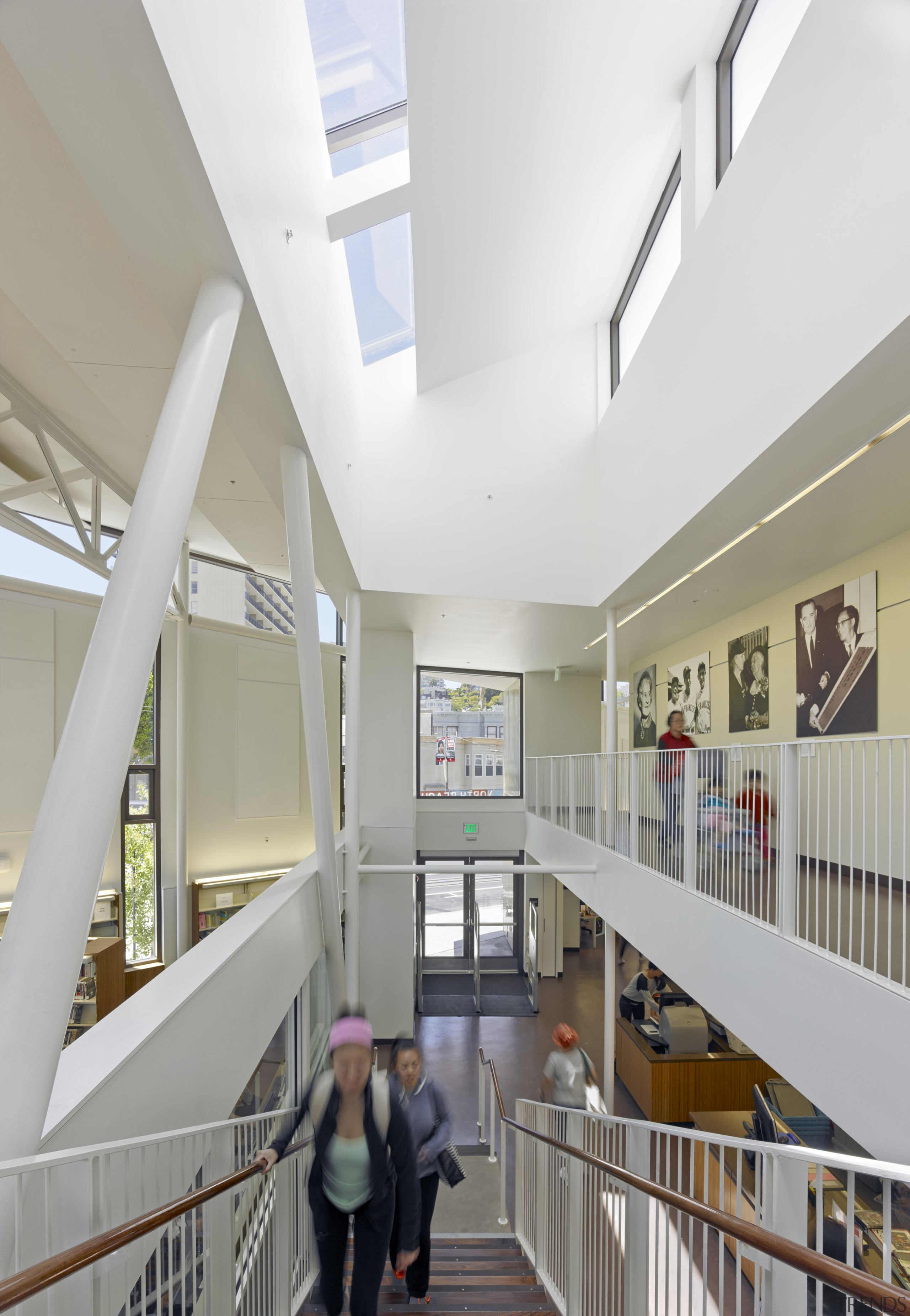 Exposed structural elements and services help to keep architecture, building, ceiling, daylighting, handrail, institution, interior design, lobby, white, gray