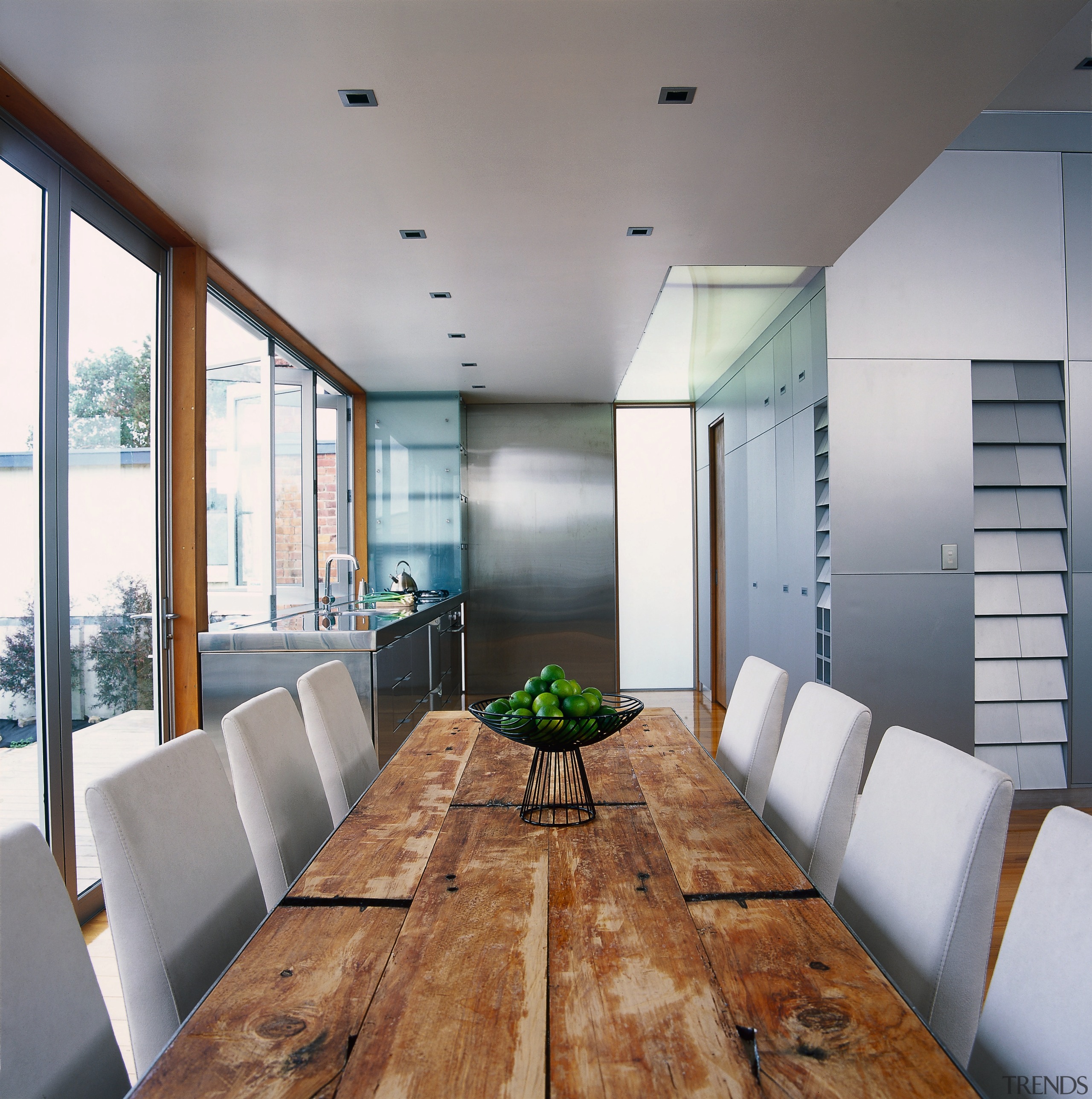 view of kitchen dining area - view of architecture, ceiling, daylighting, floor, house, interior design, living room, gray