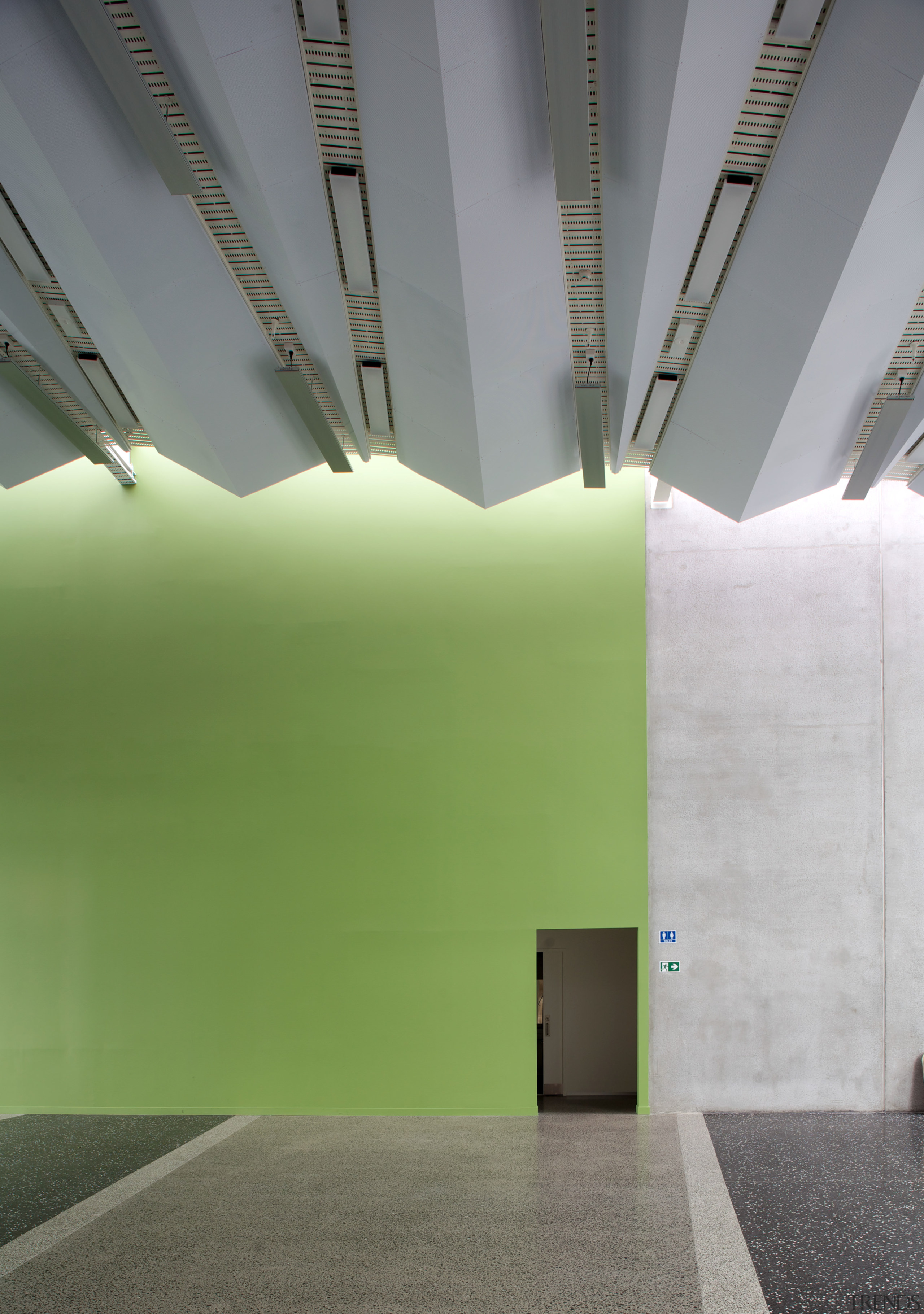 The new 1500-seat auditorium can accommodate all puplis architecture, ceiling, daylighting, daytime, house, interior design, product design, structure, wall, gray, green