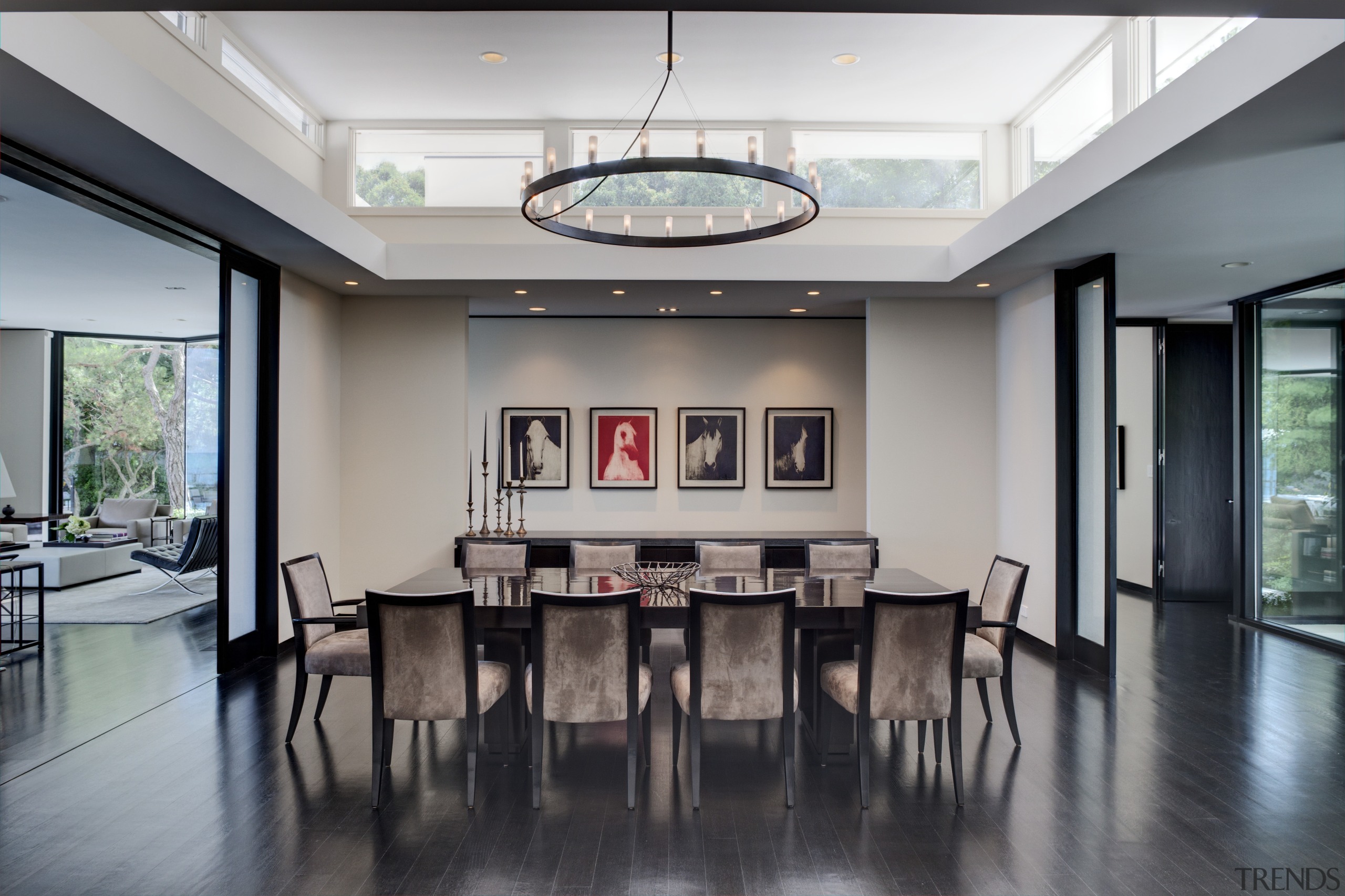 View of dining area in a 1970's house ceiling, conference hall, floor, interior design, living room, lobby, property, real estate, table, gray, black