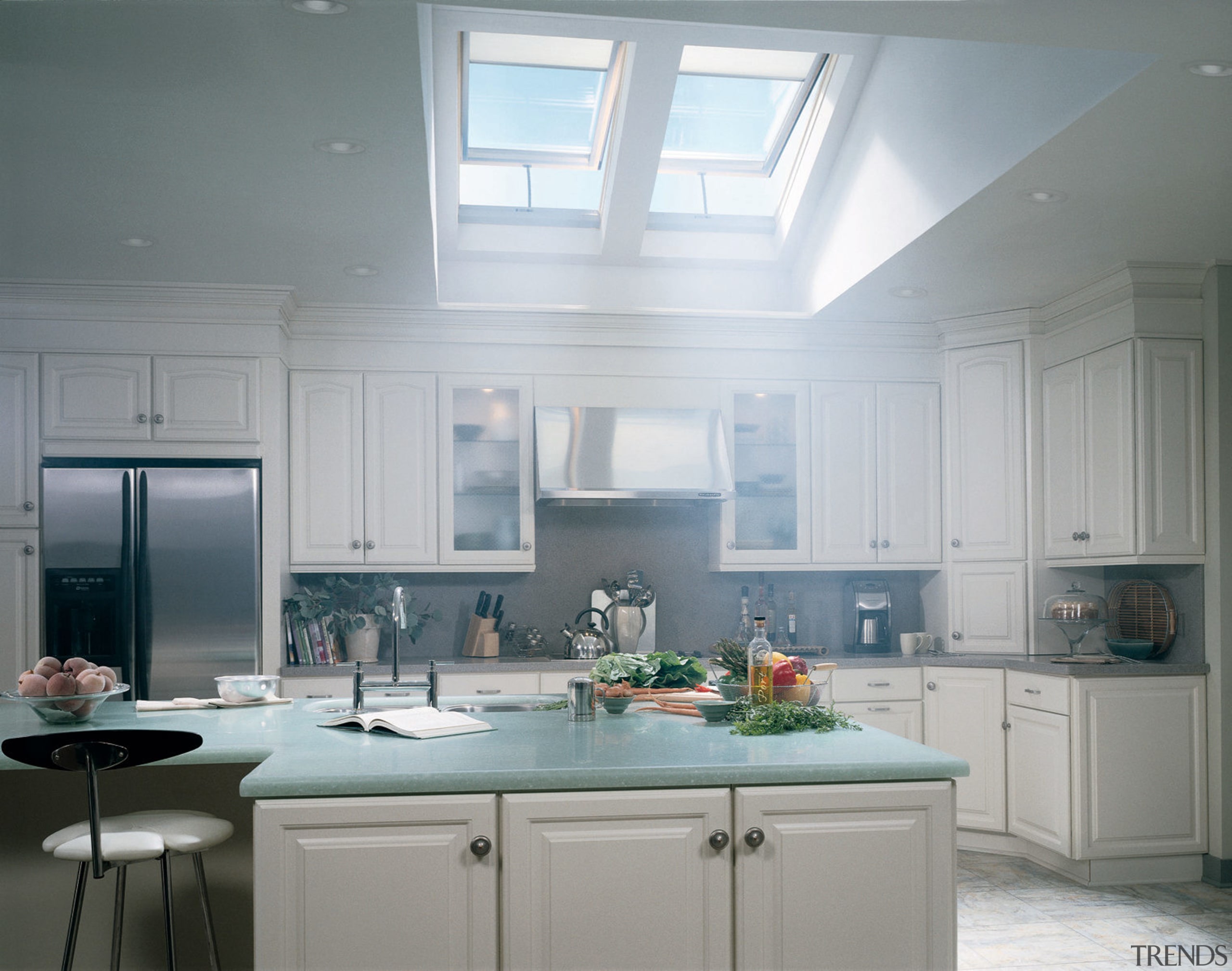 View of this contemporary kitchen - View of cabinetry, ceiling, countertop, cuisine classique, daylighting, home, interior design, kitchen, room, window, gray