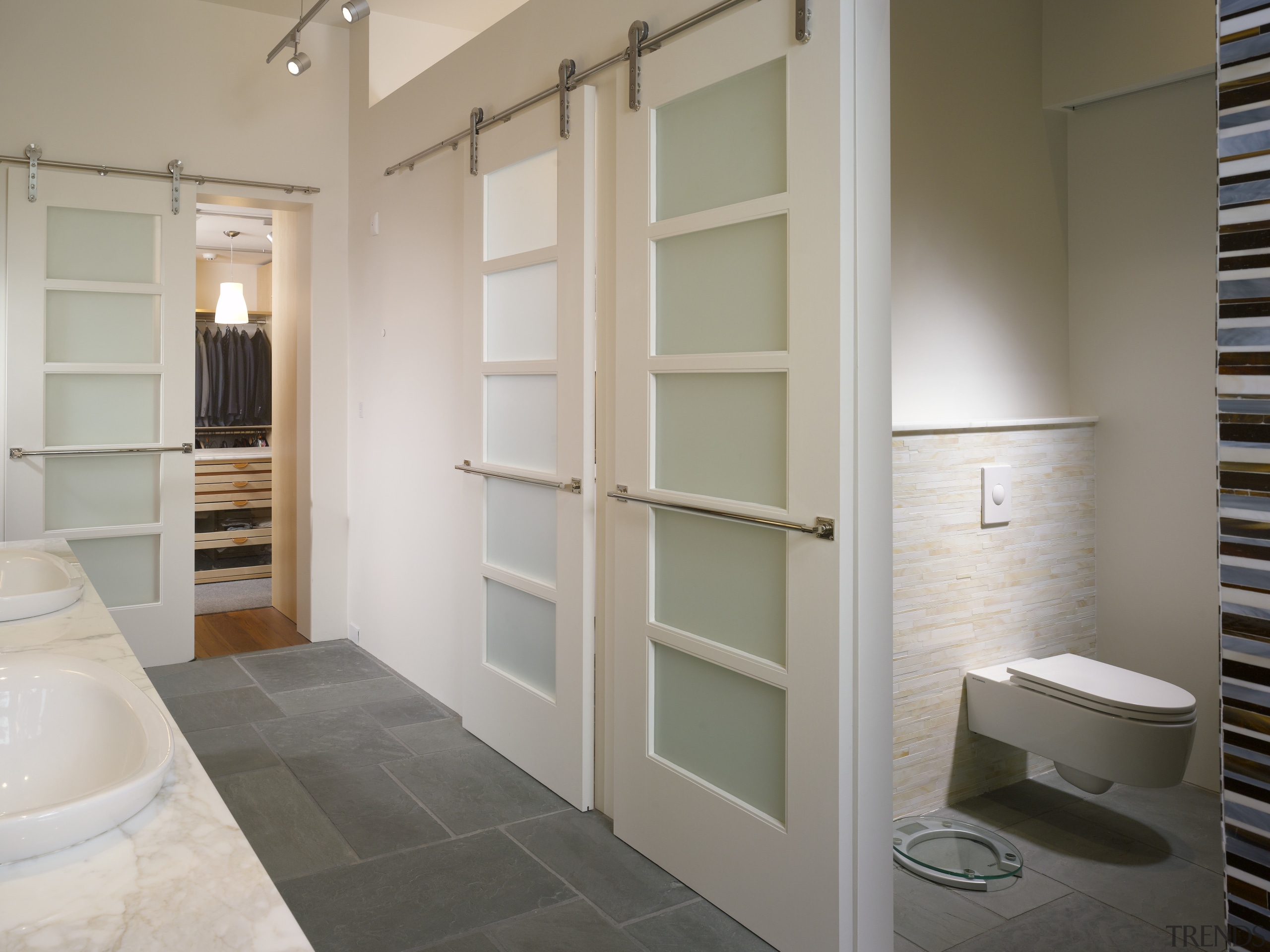 View of contemporary interior with distinctive tile wall door, furniture, interior design, room, window, gray