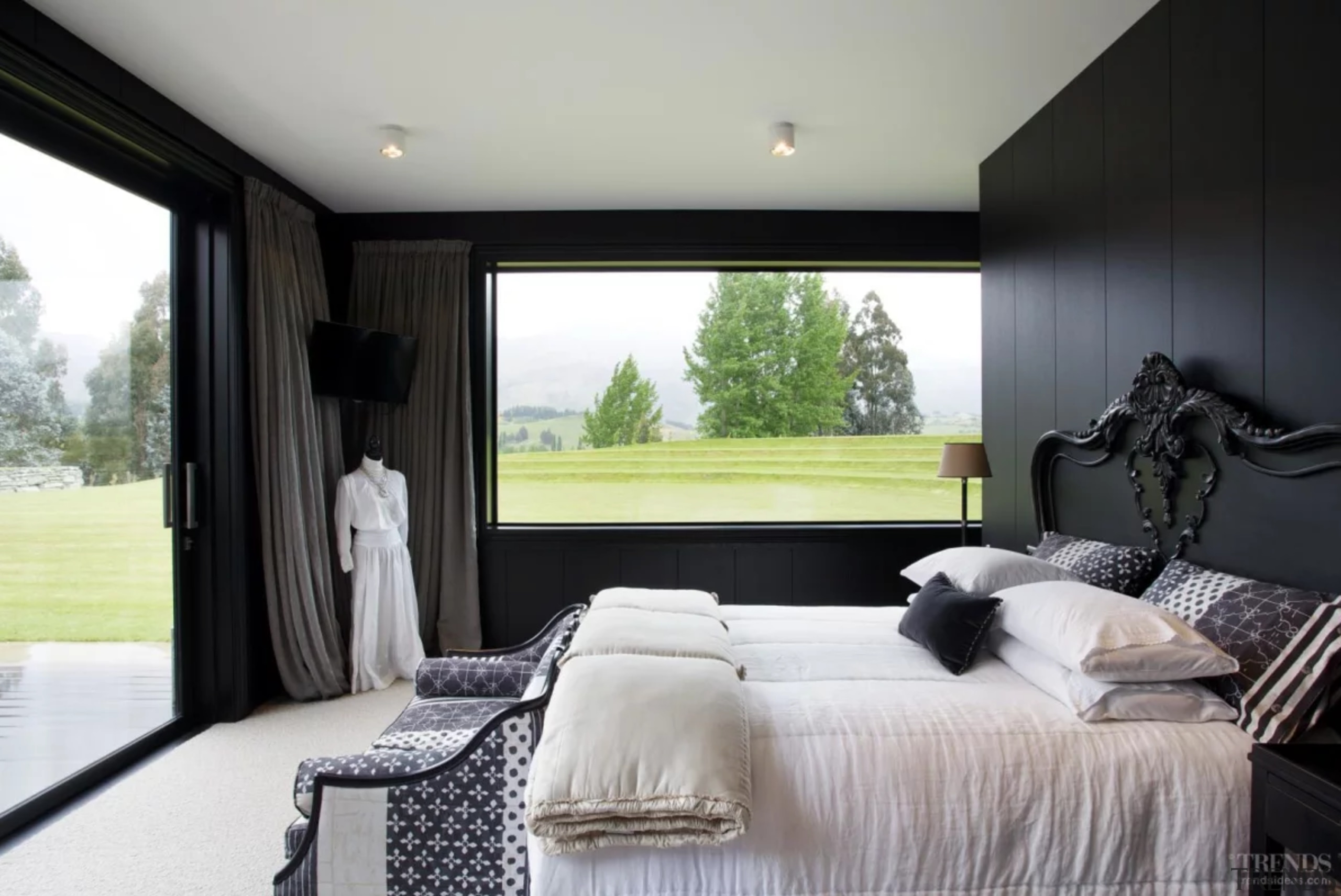 The master bedroom on the north side of bedroom, ceiling, estate, home, house, interior design, property, real estate, room, window, black, gray