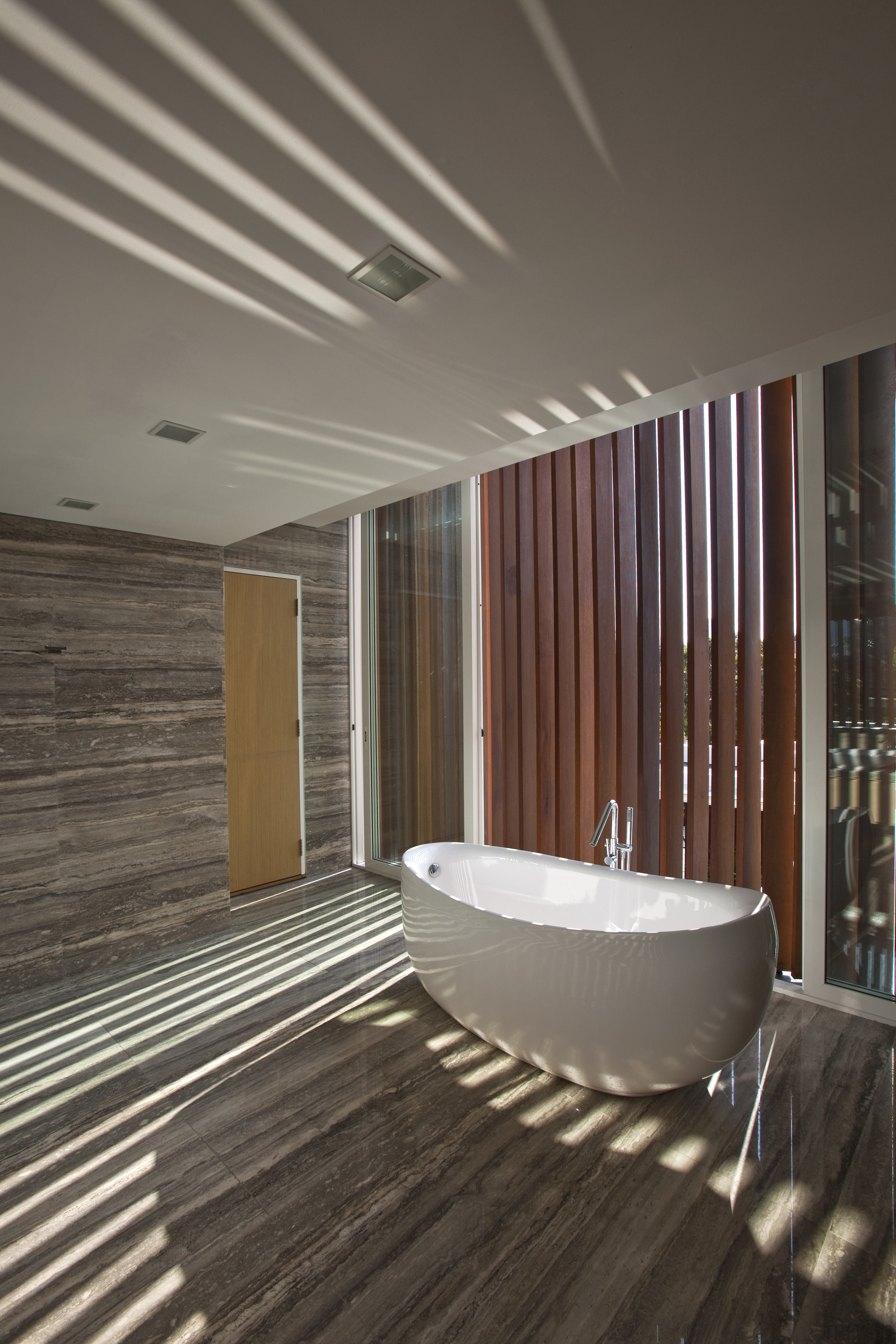 View of home designed by Wallflower Architecture &amp; architecture, bathroom, ceiling, daylighting, floor, flooring, interior design, real estate, wood, gray, black