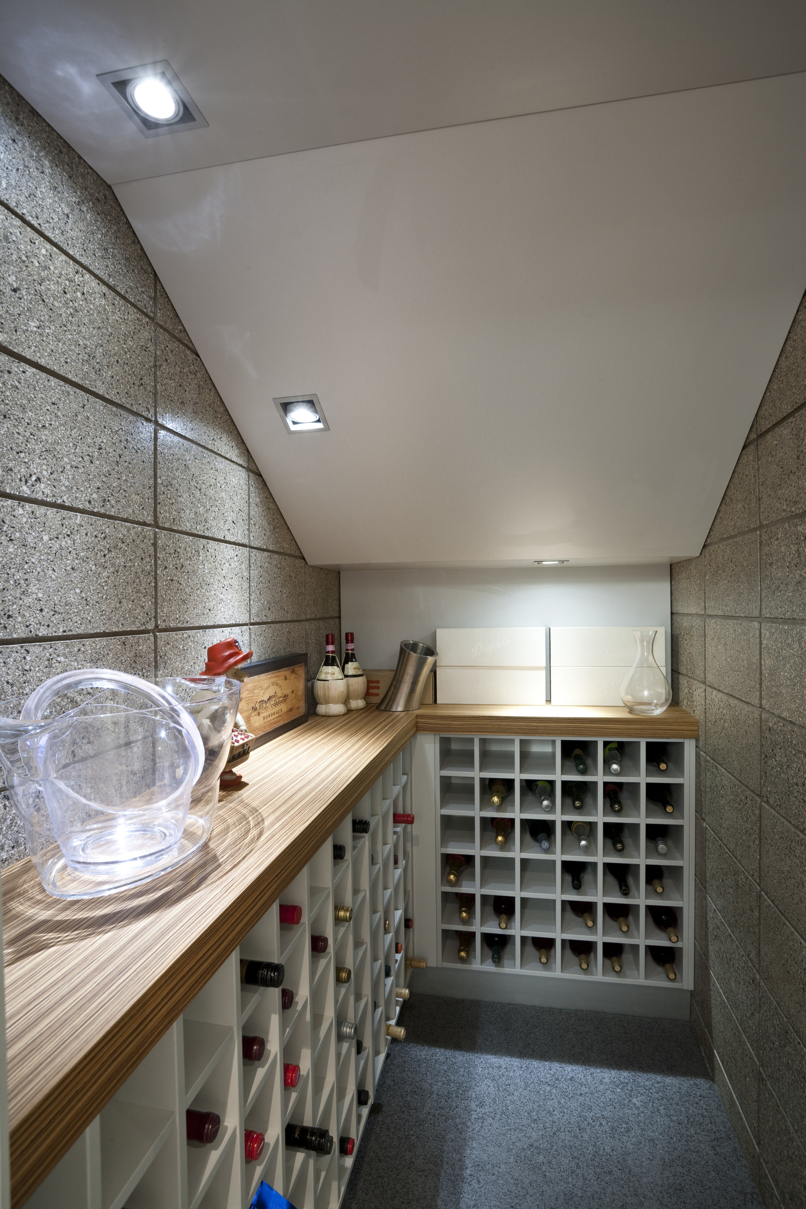 view of a wine storage area in a architecture, bathroom, ceiling, countertop, daylighting, floor, home, house, interior design, property, real estate, room, tile, wood, gray