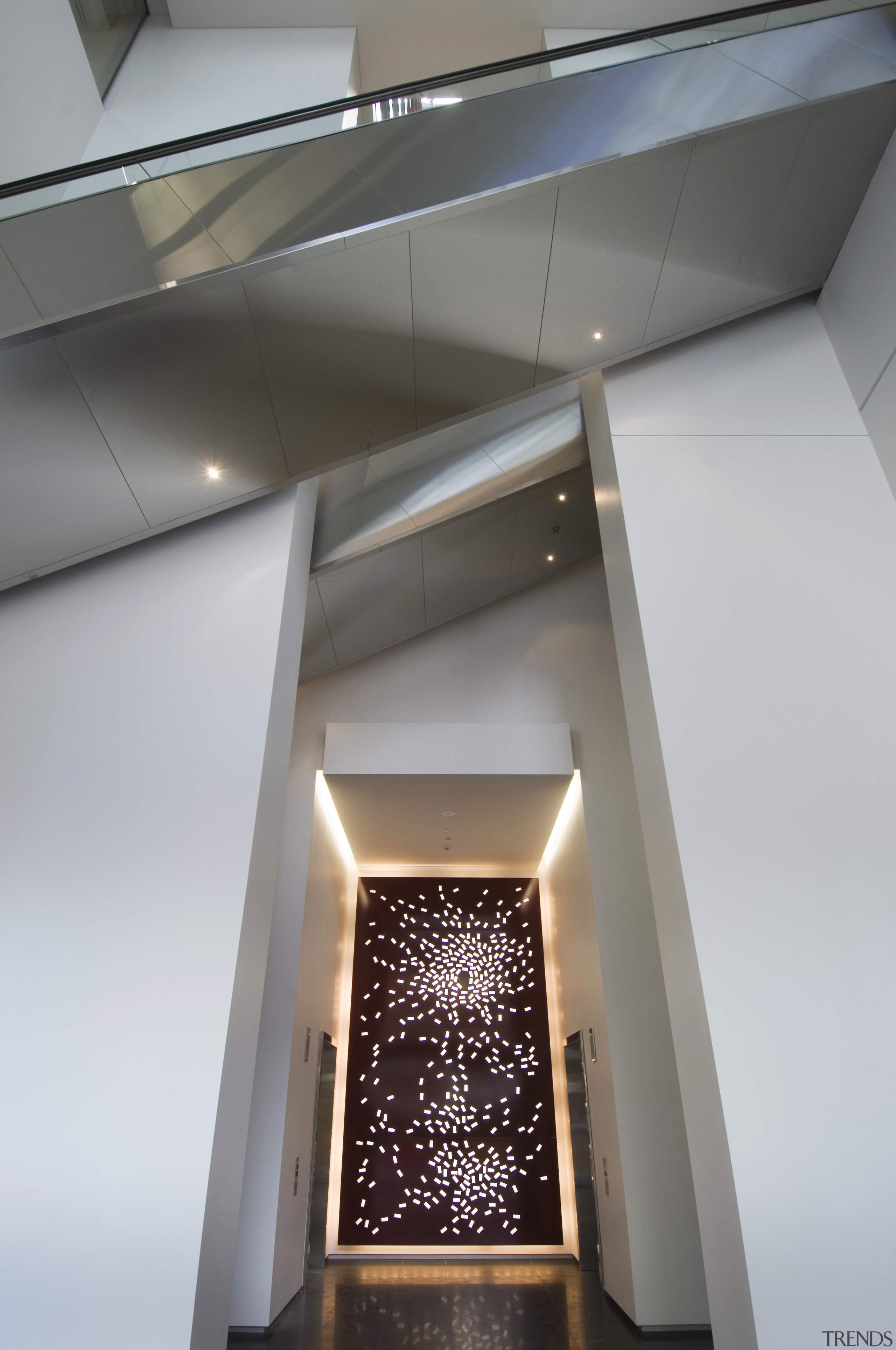interior view of building featuring escalators, lighting, doors architecture, building, daylighting, glass, interior design, gray