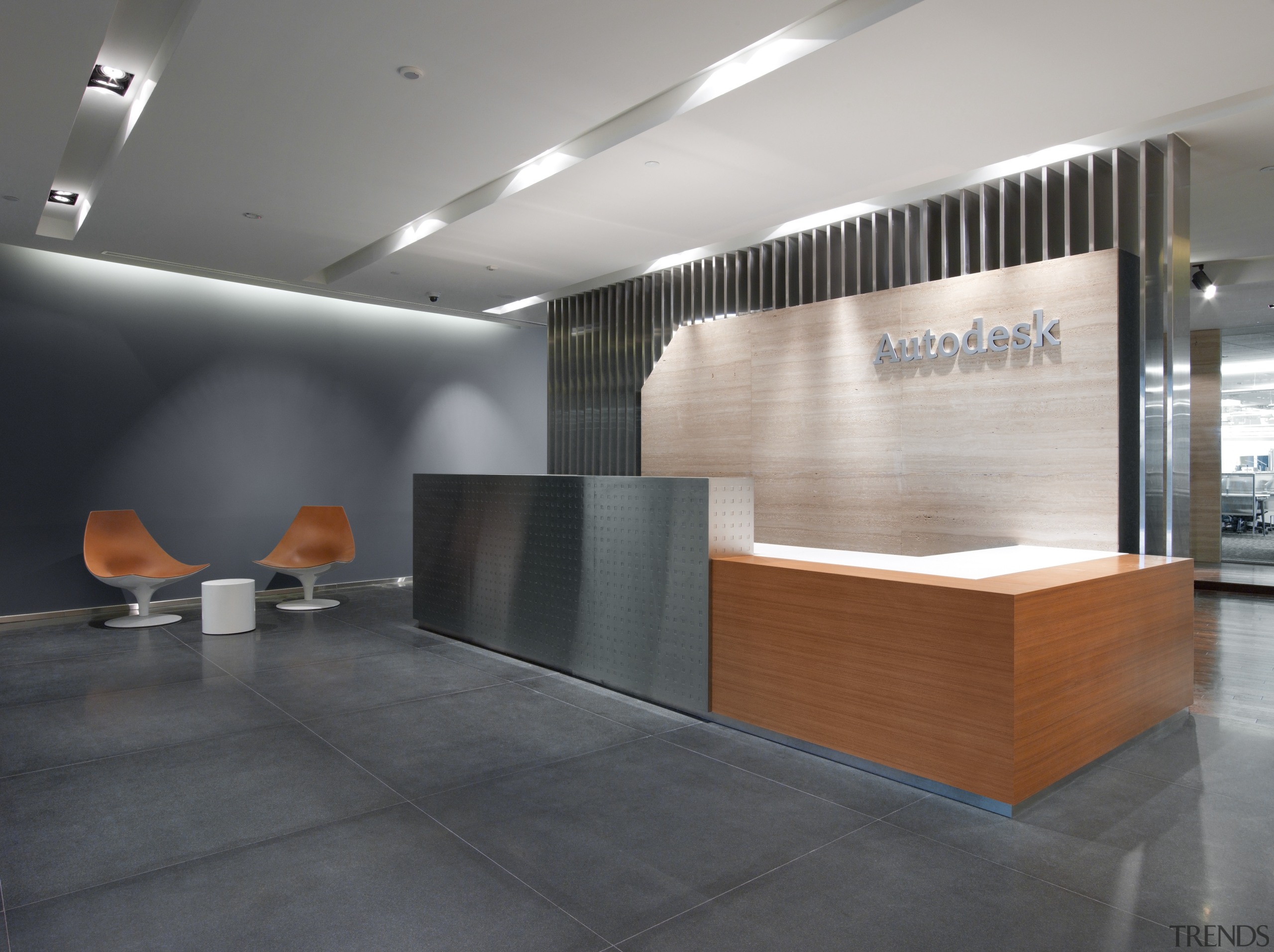 View of the Solaris building with AutoDesk fit-out, architecture, desk, floor, flooring, furniture, interior design, lobby, office, product design, gray