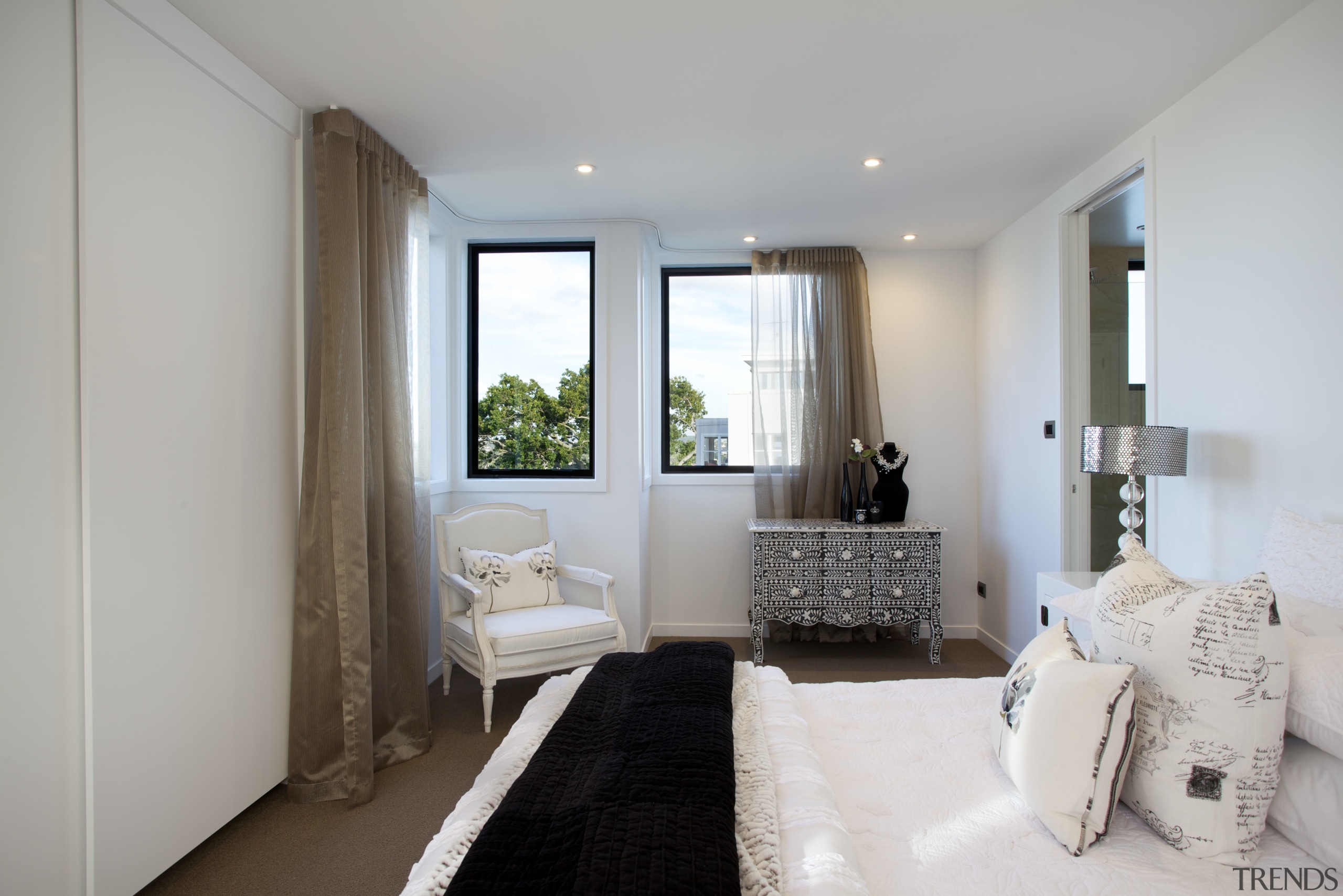 Master bedroom in contemporary townhouse with monchromatic colour architecture, bedroom, ceiling, home, interior design, property, real estate, room, window, gray