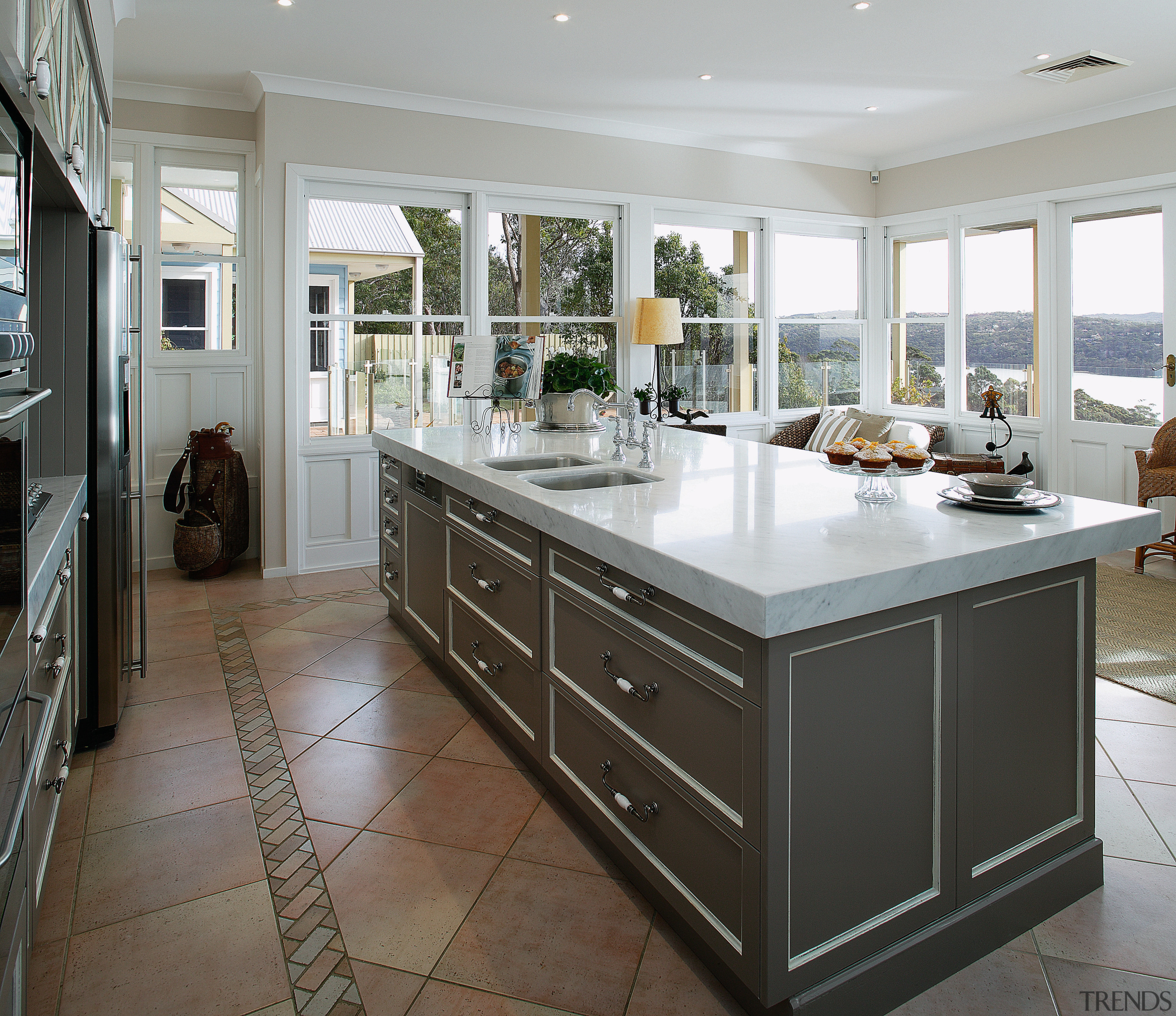 Kitchen with large thick Carrara marble benchtop, and cabinetry, countertop, cuisine classique, floor, flooring, interior design, kitchen, room, gray, black