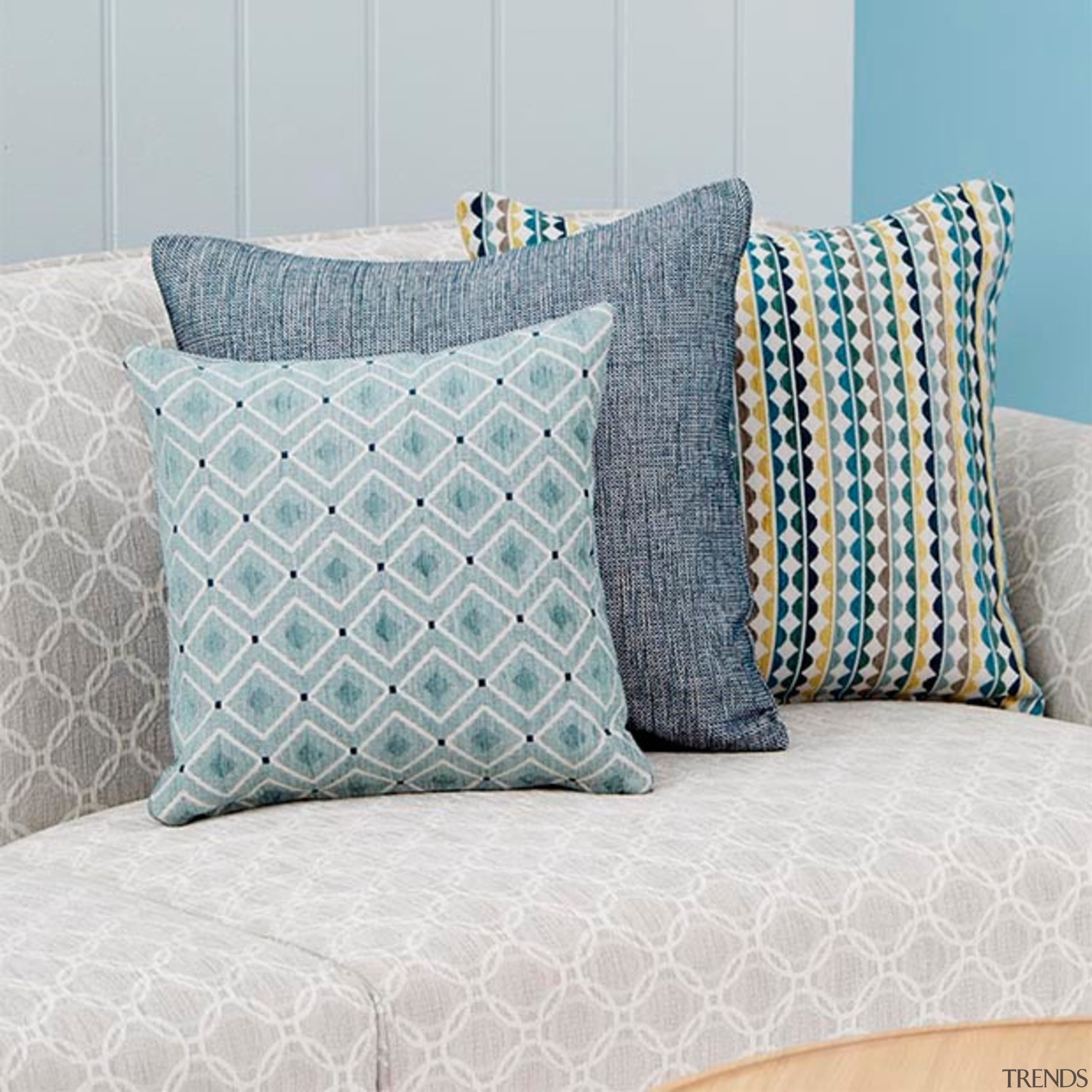 Bold, playful and unique, Nolan is a collection aqua, bed frame, bed sheet, bedding, cushion, duvet cover, furniture, linens, pattern, pillow, product, textile, throw pillow, turquoise, gray, white