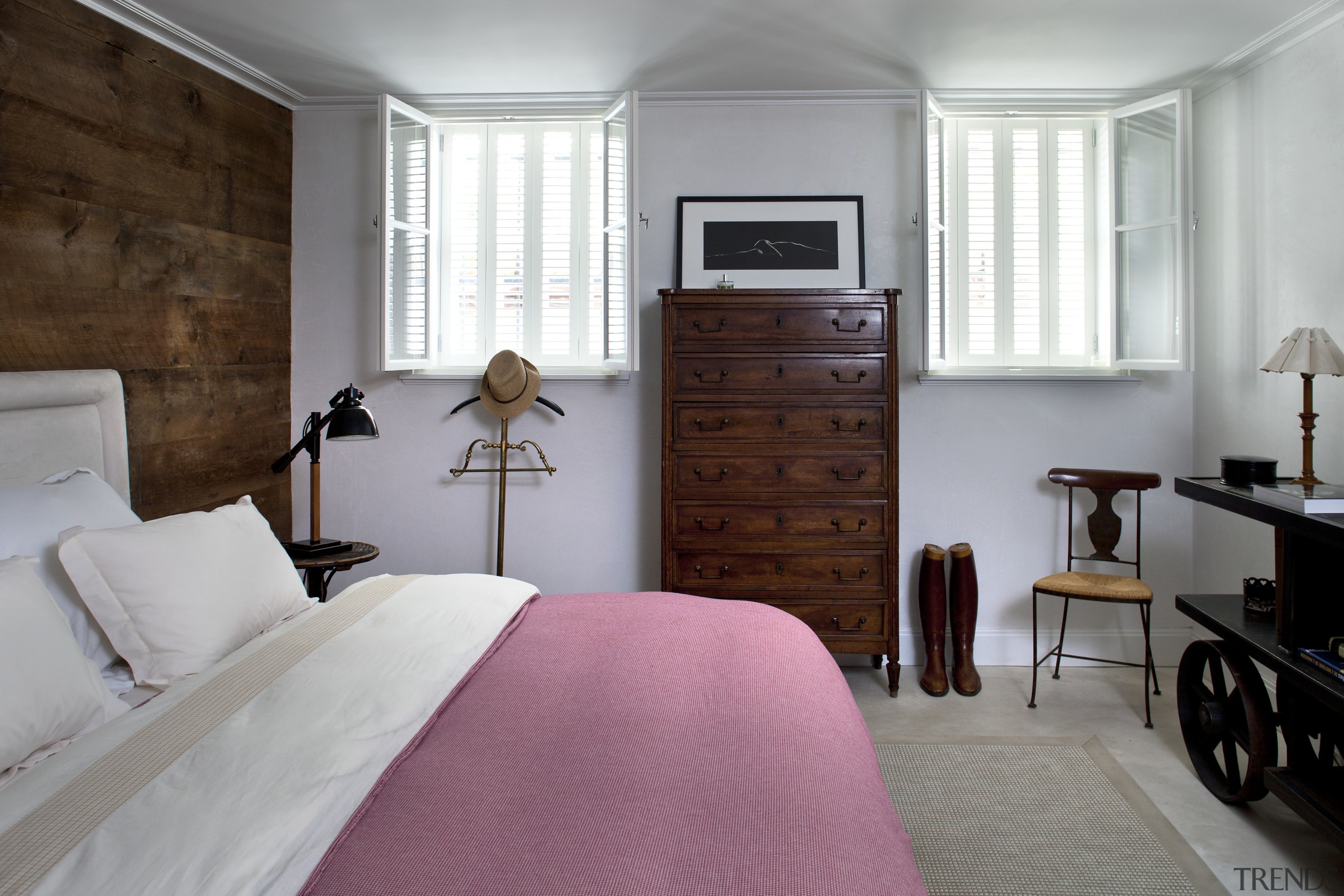 Bedroom in Manhattan townhouse remodel - Bedroom in bed frame, bedroom, home, interior design, room, suite, wall, window, wood, gray