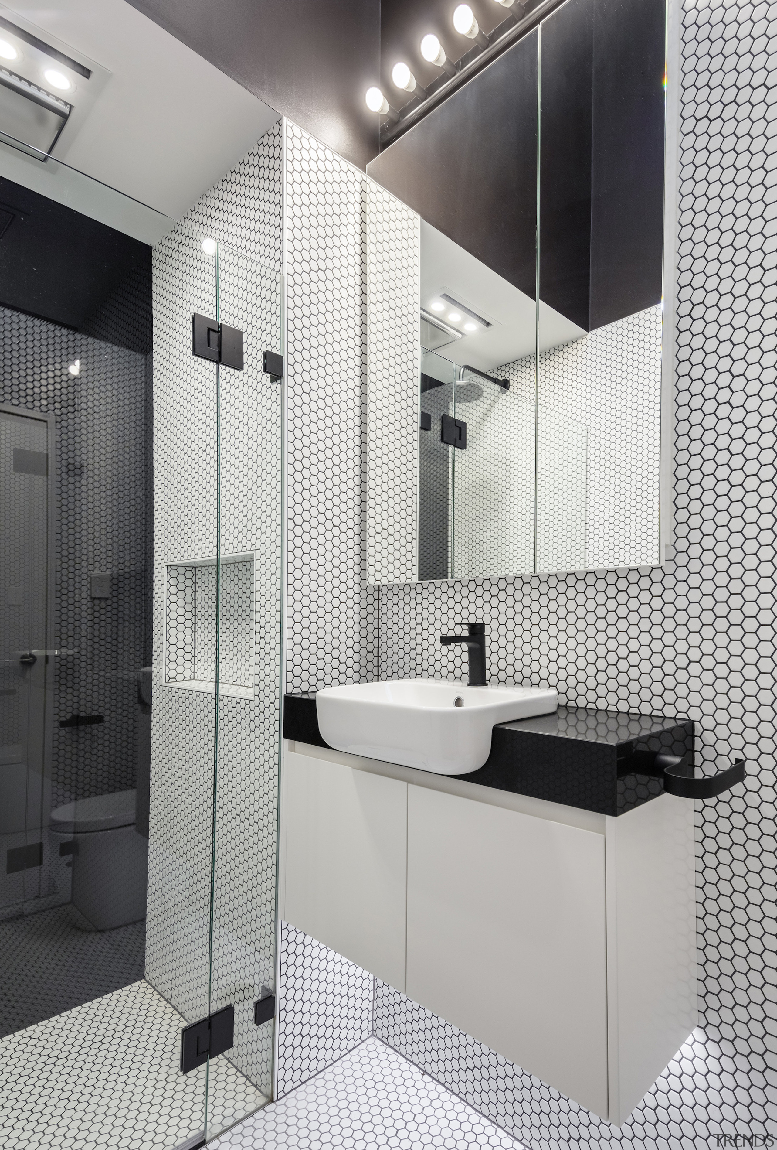 A light-filled and distinctly modern bathroom in the 