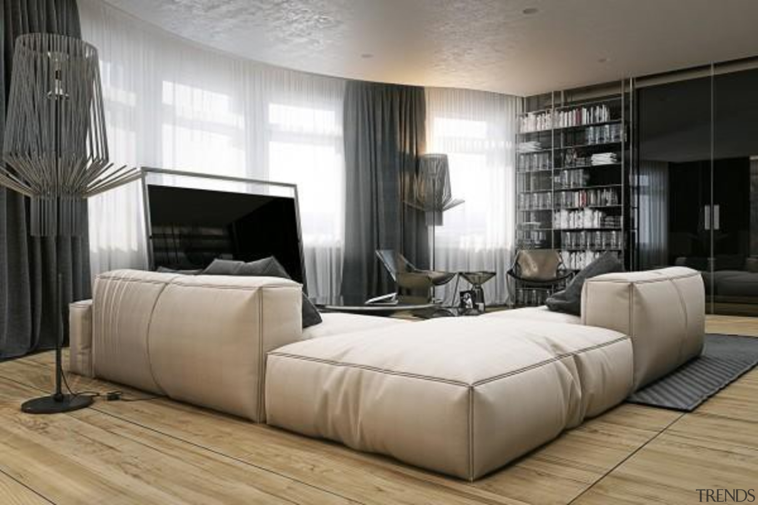 gauzy curtains - Masculine Apartments - bed | bed, bed frame, couch, floor, furniture, interior design, living room, room, wall, white