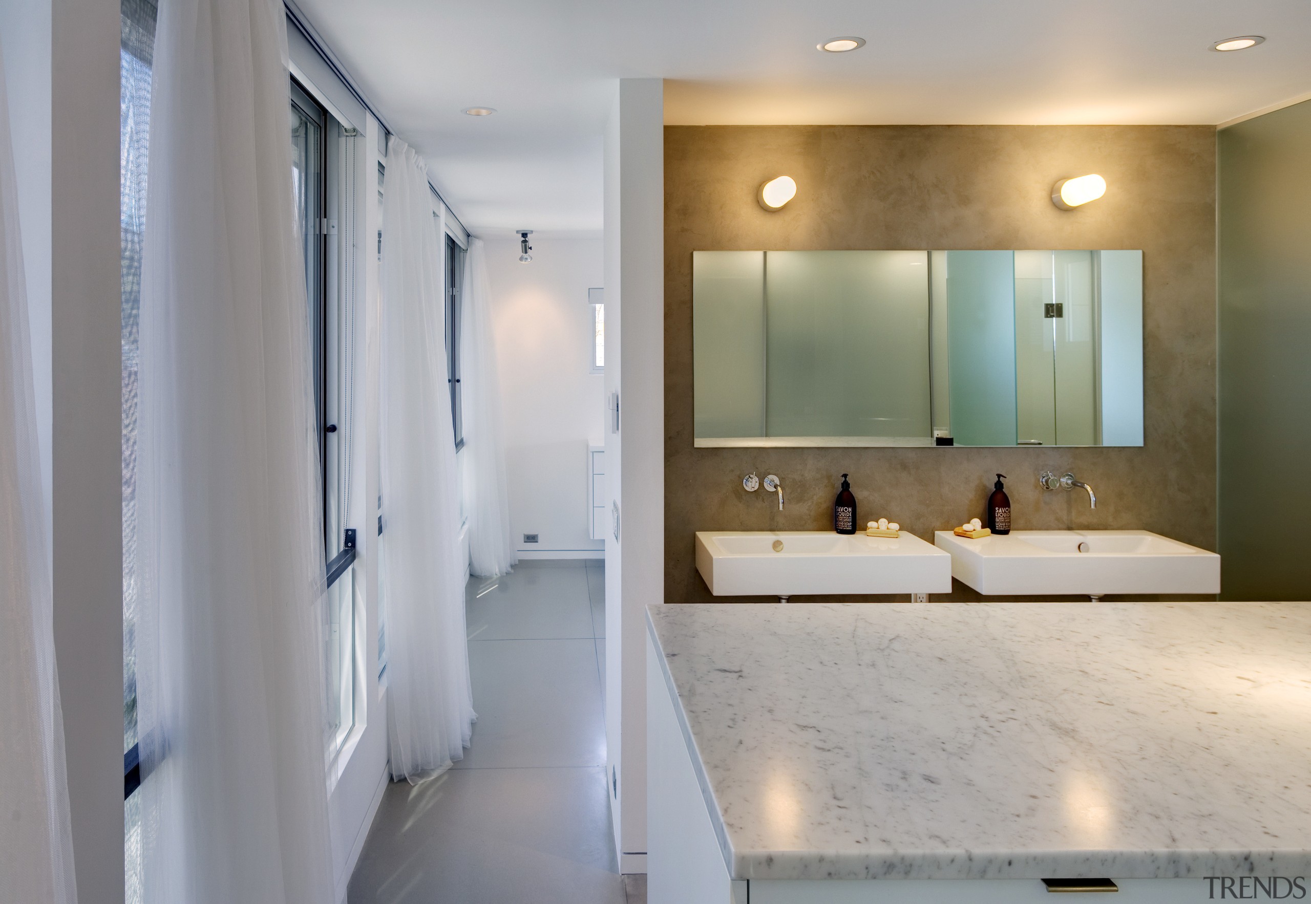 View of bathroom with twin basins. - View architecture, bathroom, floor, home, interior design, real estate, room, gray